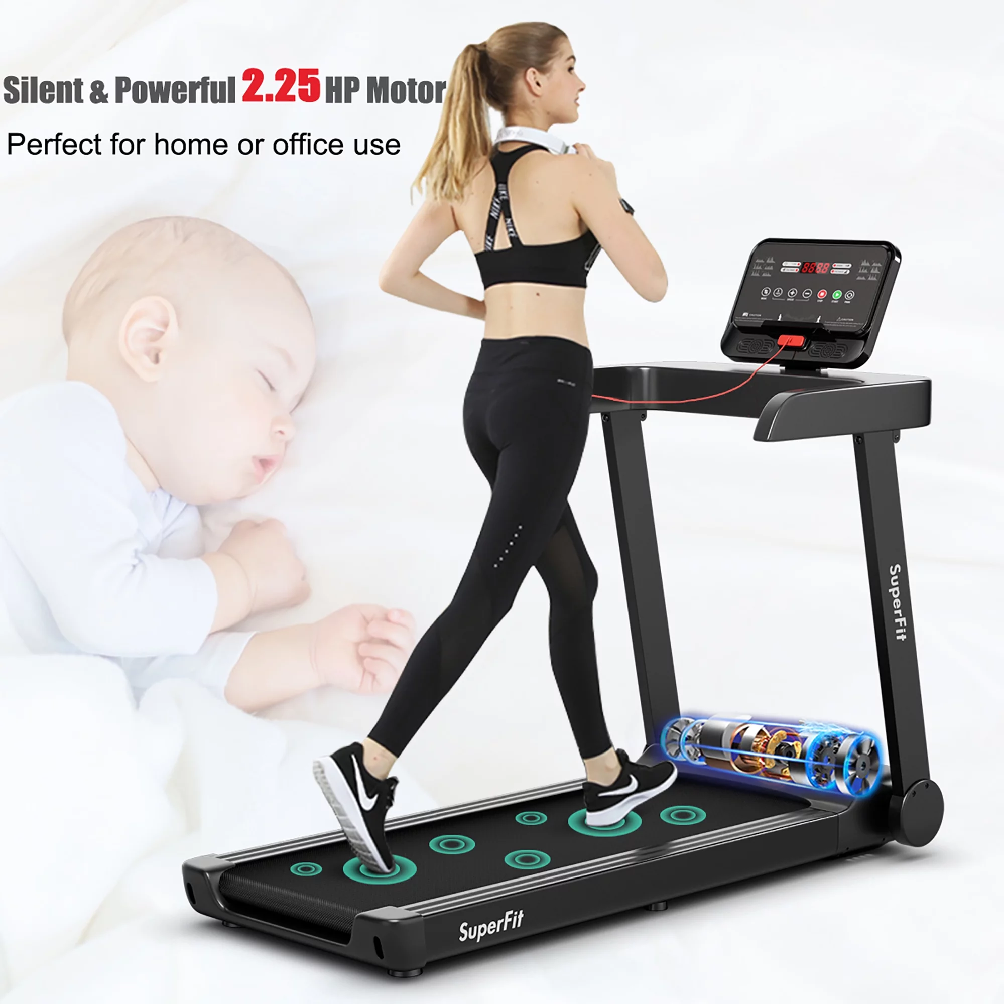 SuperFit 2.25HP Electric Treadmill Running Machine w/App Control for Home Office - Womvr