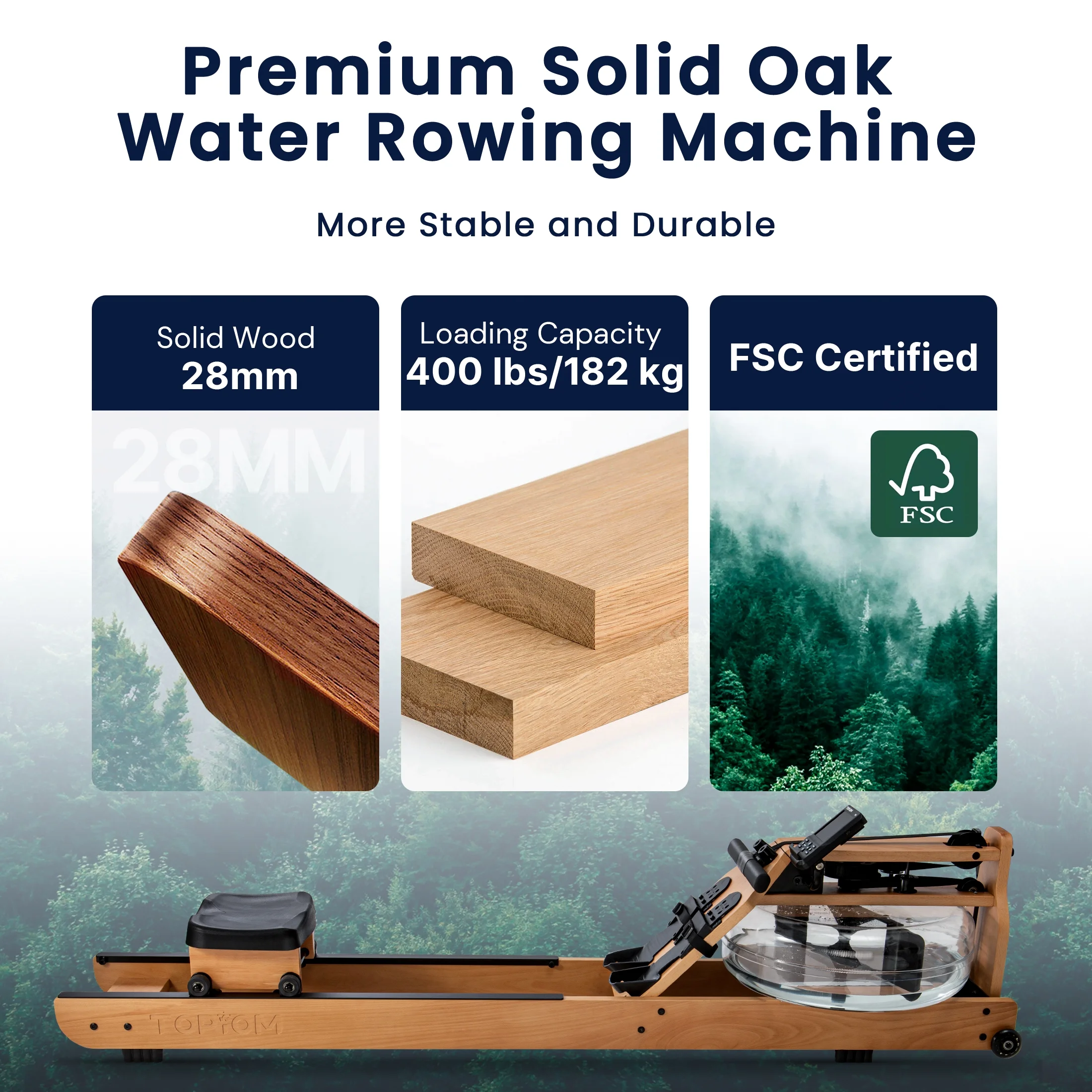 Topiom Water Rowing Machine with TM-3 Performance Monitor Bluetooth Connected 400 lbs Max Load - Womvr