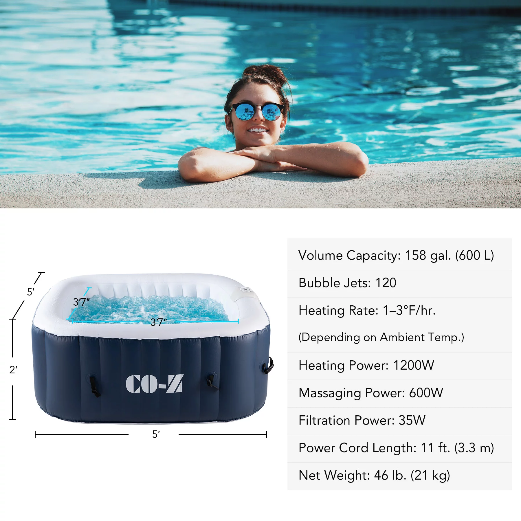 CO-Z 4-6 Person 7' Blow-Up Hot Tub with 130 Air Jets Cover Electric Pump Portable Pool, Gray - Womvr