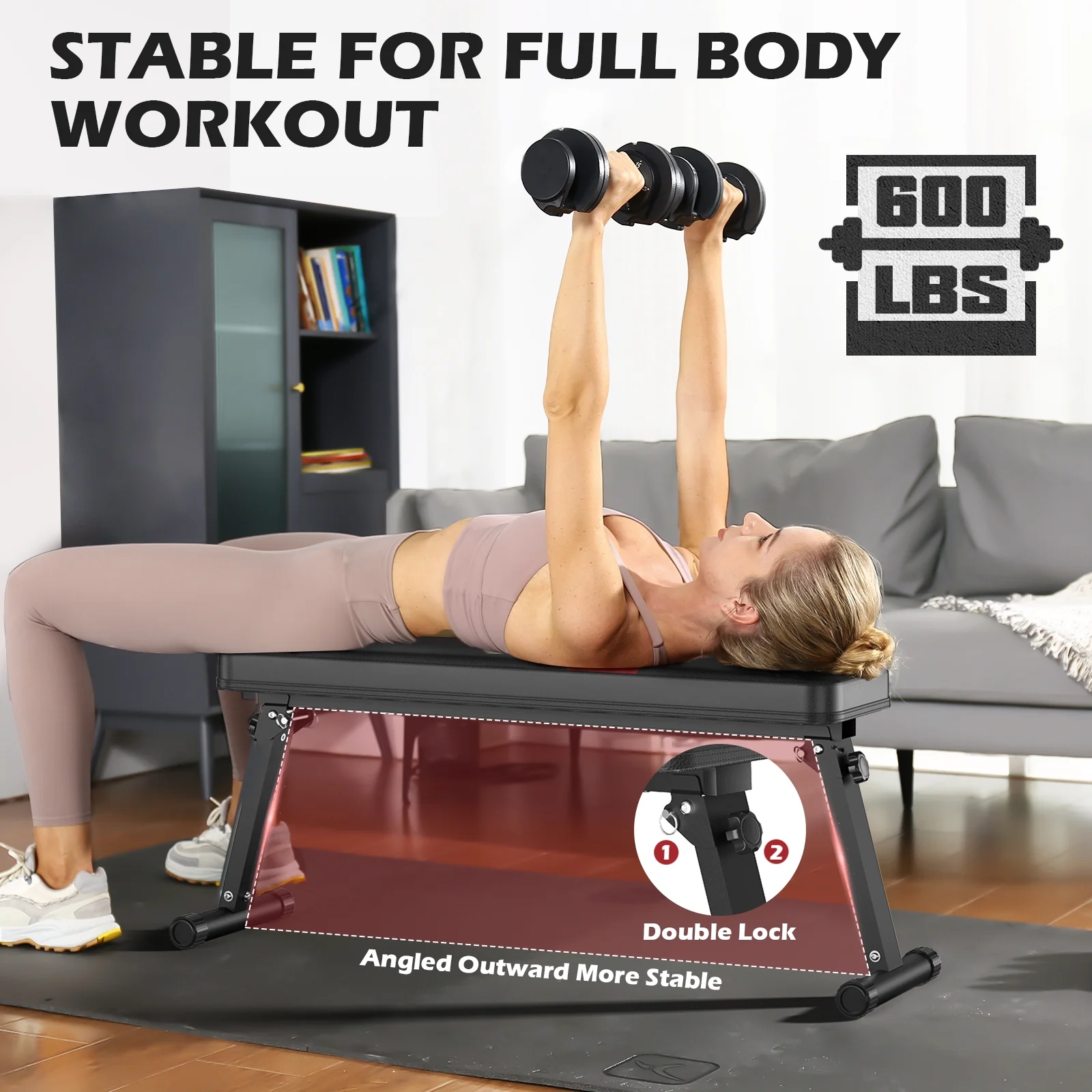 UPGO 600LBS Folding Flat Bench, Sturdy Lightweight and Space-saving Bench Press Flat Weight Bench, Easy to Assemble - Womvr