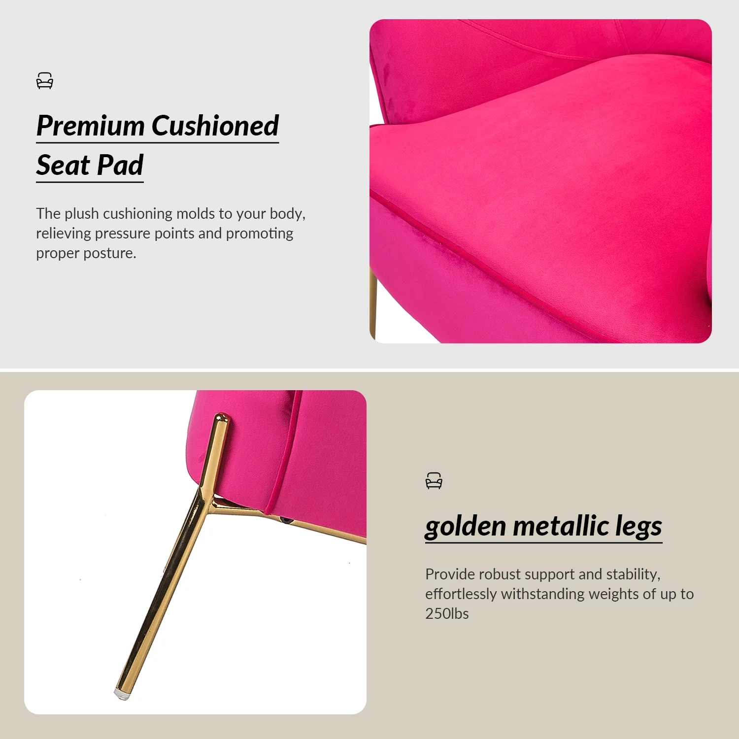 Velvet Upholstered Accent Chair Metal Legs Curved Backrest Lounge Home Armchair Bedroom Adult Pink - Womvr