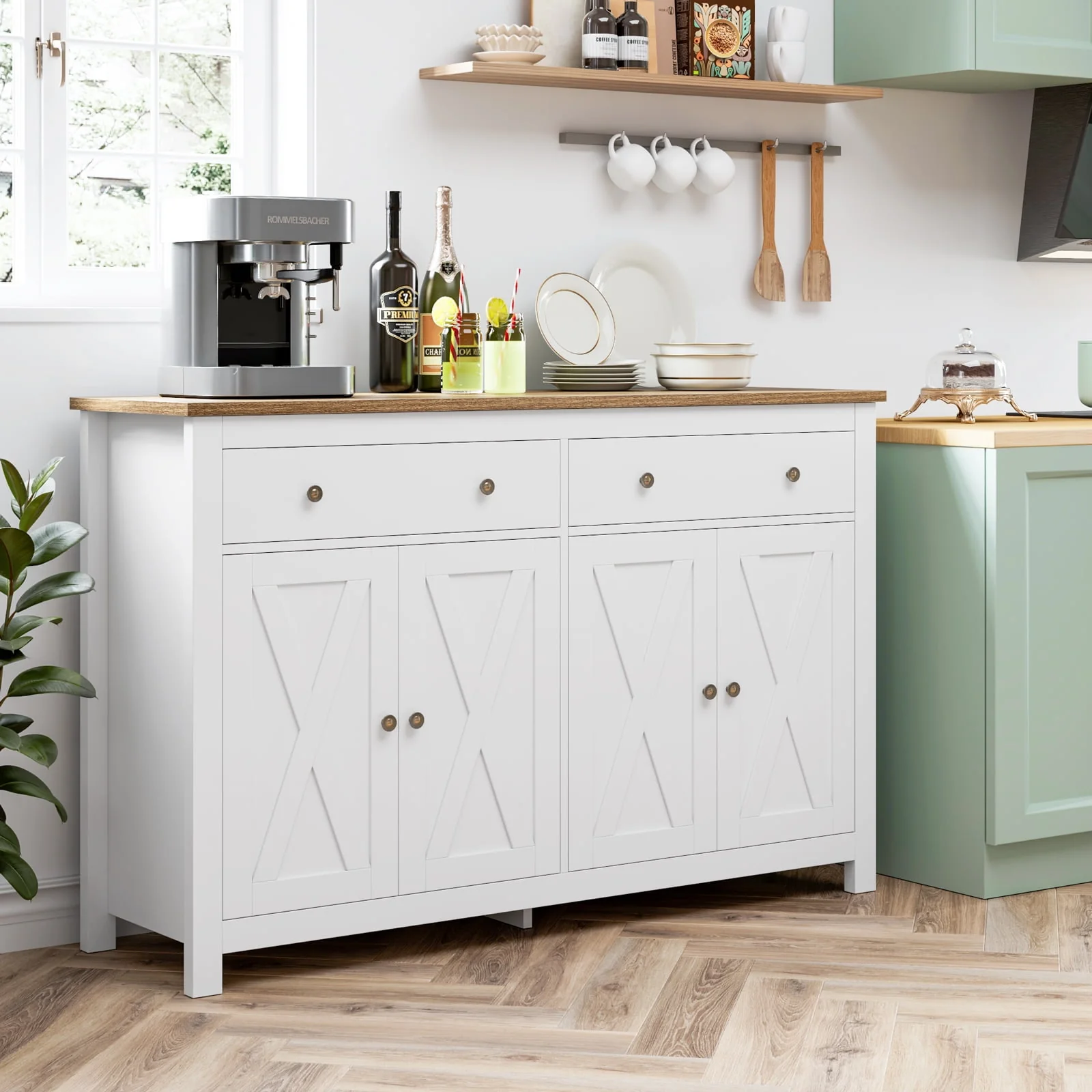 Homfa 4-Doors 2-Drawers Farmhouse Storage Cabinet, Wood Sideboard with Adjustable Shelves for Kitchen Dining Room, White - Womvr