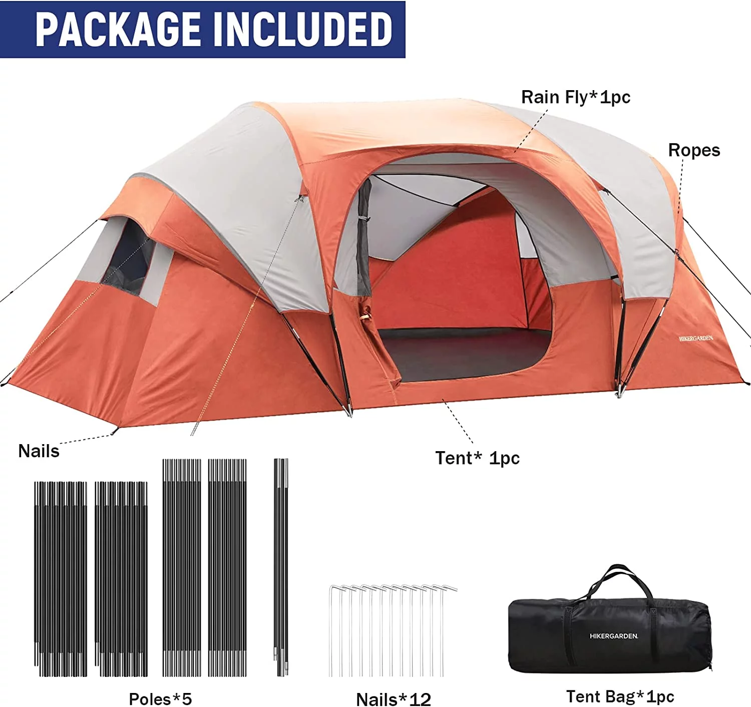 10 Person Camping Tent - Portable Easy Set Up Family Tent for Camp, Windproof Fabric Dome Tent Outdoor for Hiking, Backpacking, Traveling-14'x11'x74in(H) - Womvr