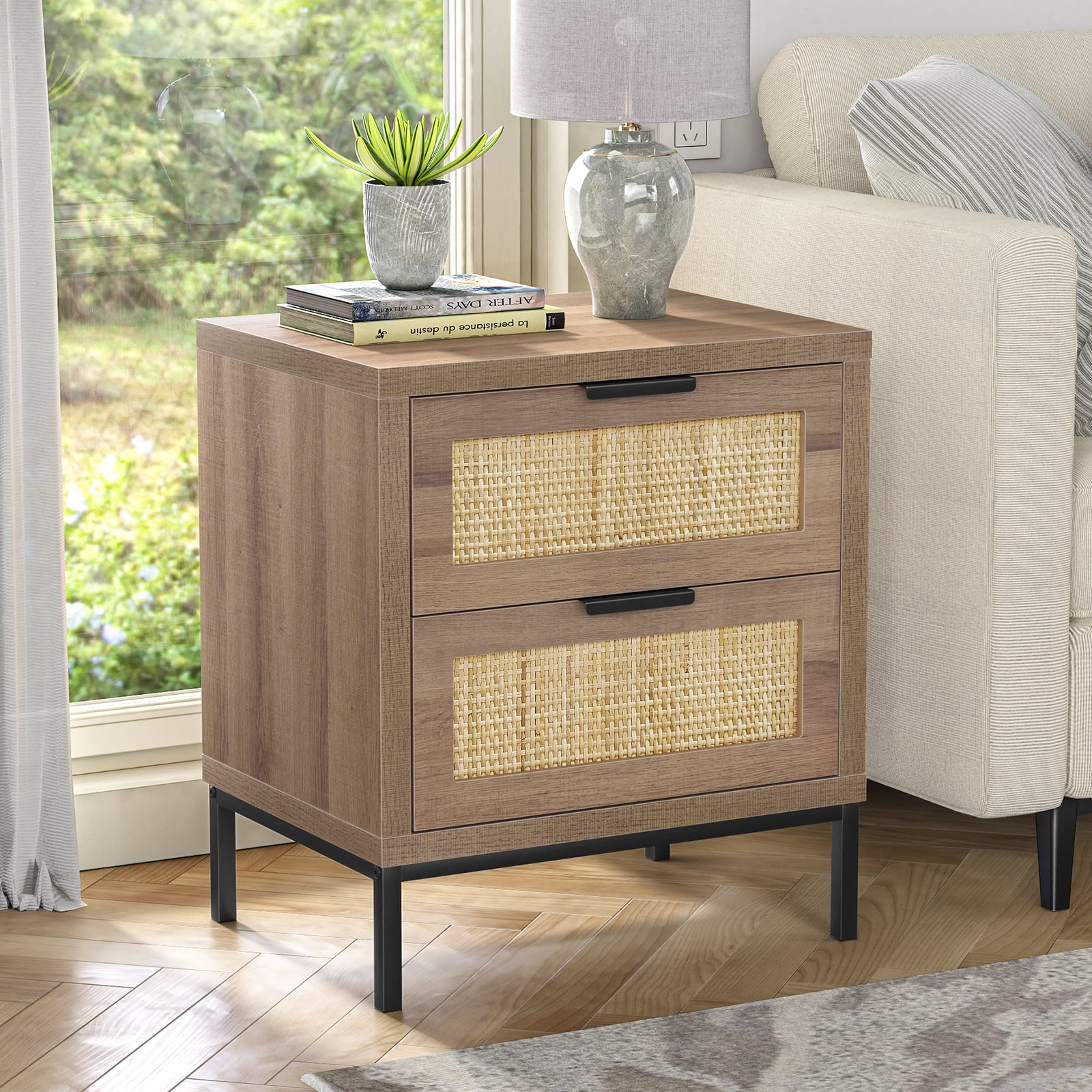 Eumyviv Modern Farmhouse Nightstands with 2 Rattan Drawer,Wood Bedside Table Storage Cabinet for Bedroom, Living Room,Natural Oak H0021 - Womvr