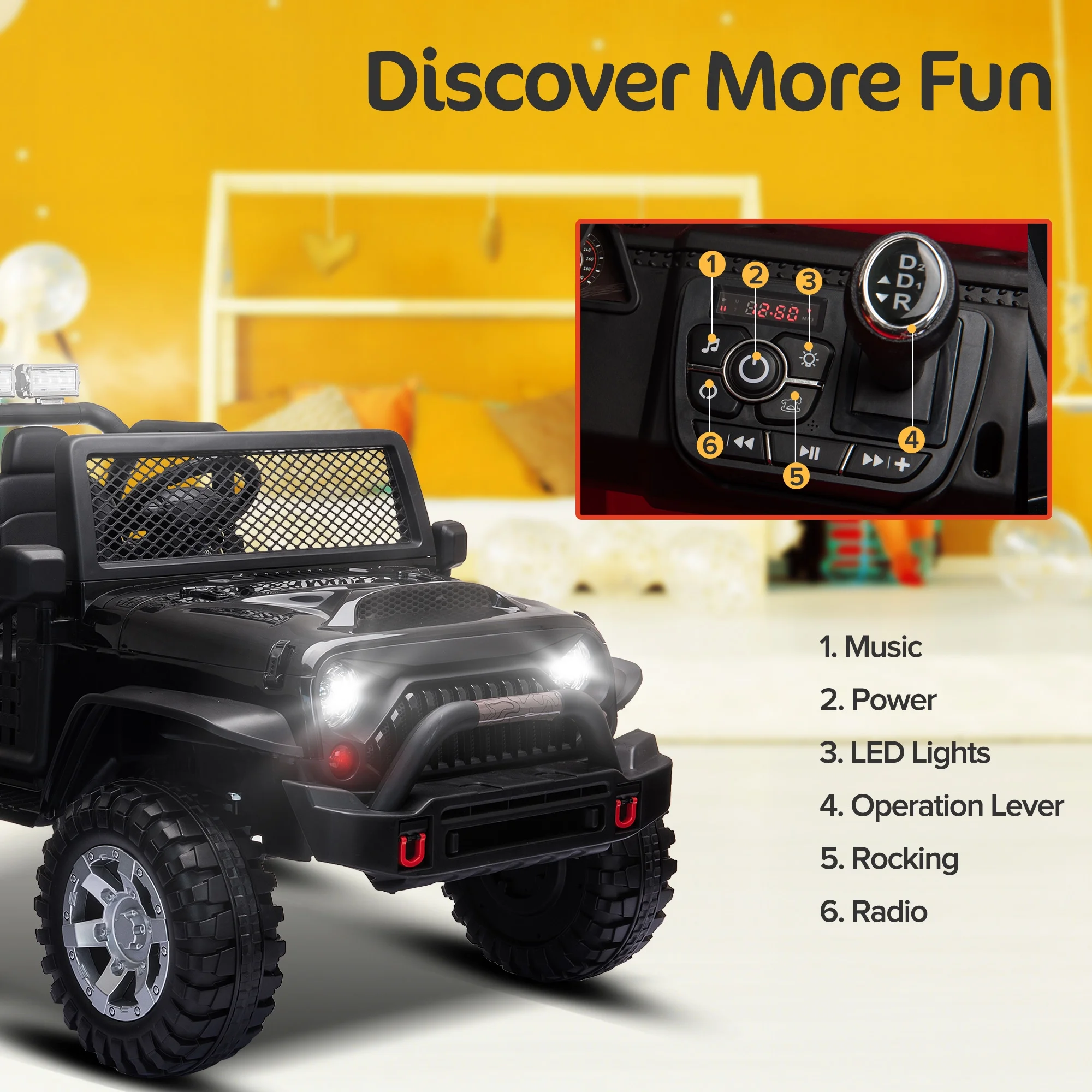 2 Seater Kids Ride on Truck with Remote Control, Music, 12V Children Electric Jeep Car - Womvr