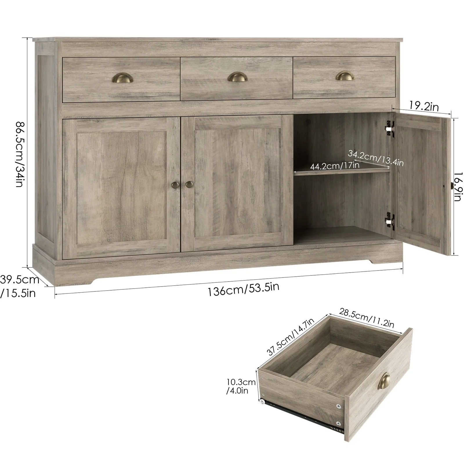 Homfa Sideboard Storage Cabinet with 3 Drawers & 3 Doors, 53.54'' Wide Buffet Cabinet for Dining Room, White - Womvr