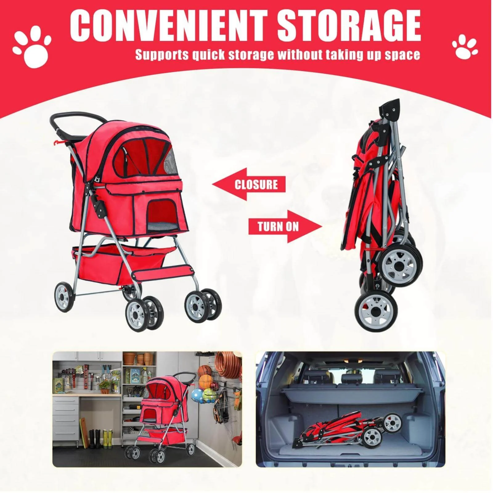 4 Wheels Pet Stroller Foldable Dog Stroller Cat Stroller with Storage Basket & Removable Liner, Travel Lite Foldable Carrier Strolling Cart for Dogs Cats, Black - Womvr