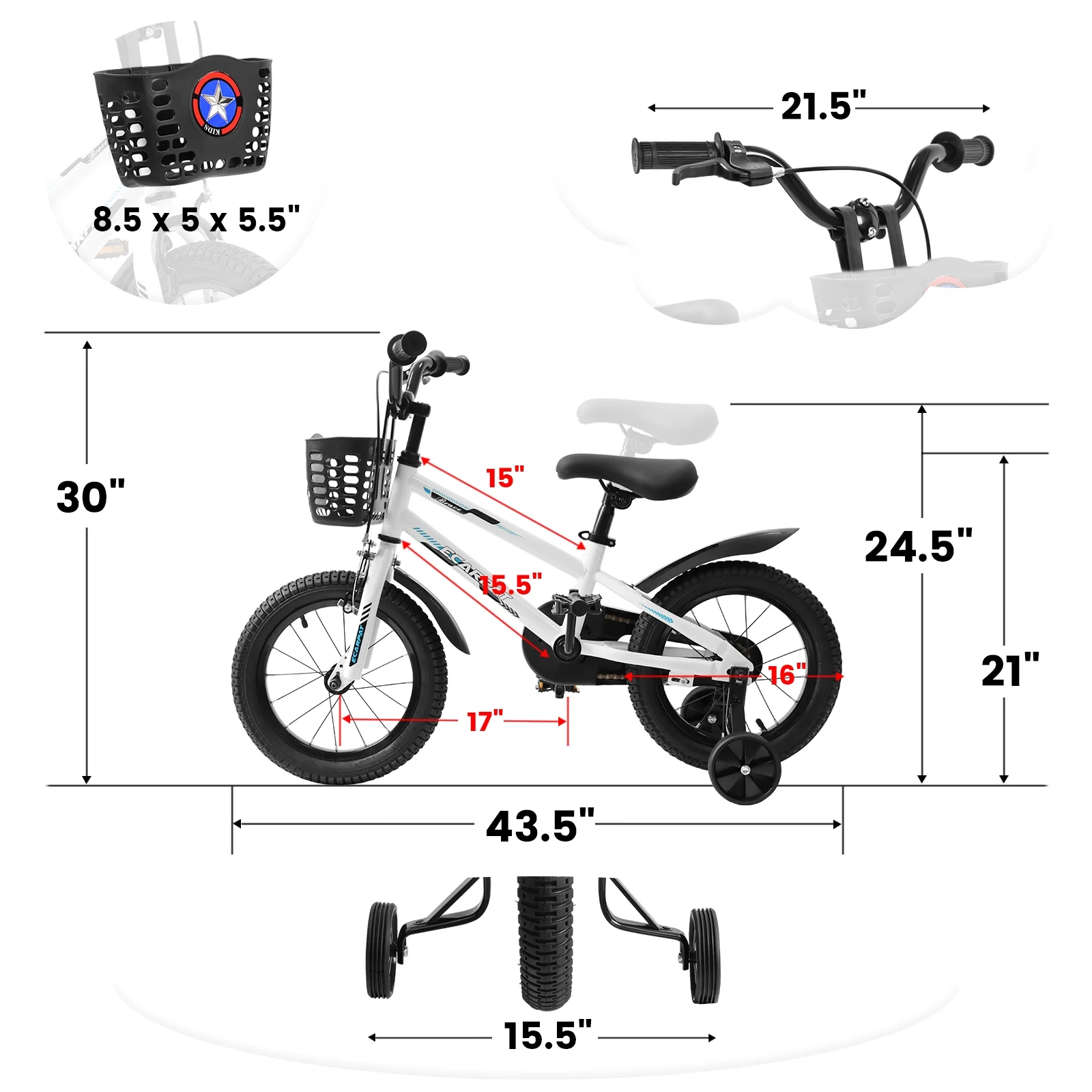 14 Inch Kids Bike for Boys, Kids Bike With Training Wheels and Basket, White - Womvr