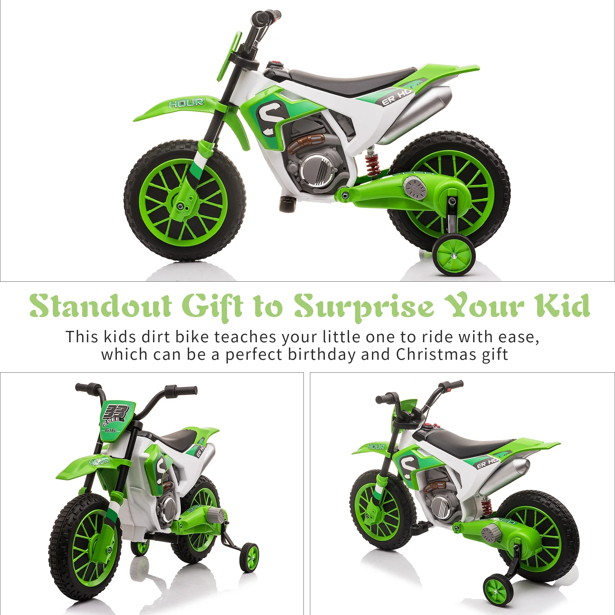 TOBBI 12V Kids Motorcycle off- Road Ride on Dirt Bike W/ Training Wheels, Age 3-8 Toddlers, Green - Womvr