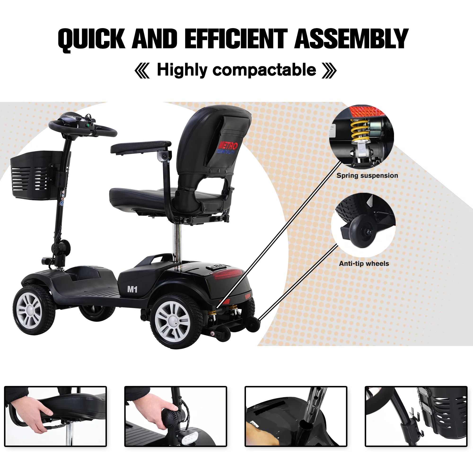 Electric Mobility Scooter for Adults and Seniors - 300 lbs Max Weight, 4-Wheel Powered Mobility Scooters Wheelchair Device for Travel, Elderly (with Head Light-White) - Womvr