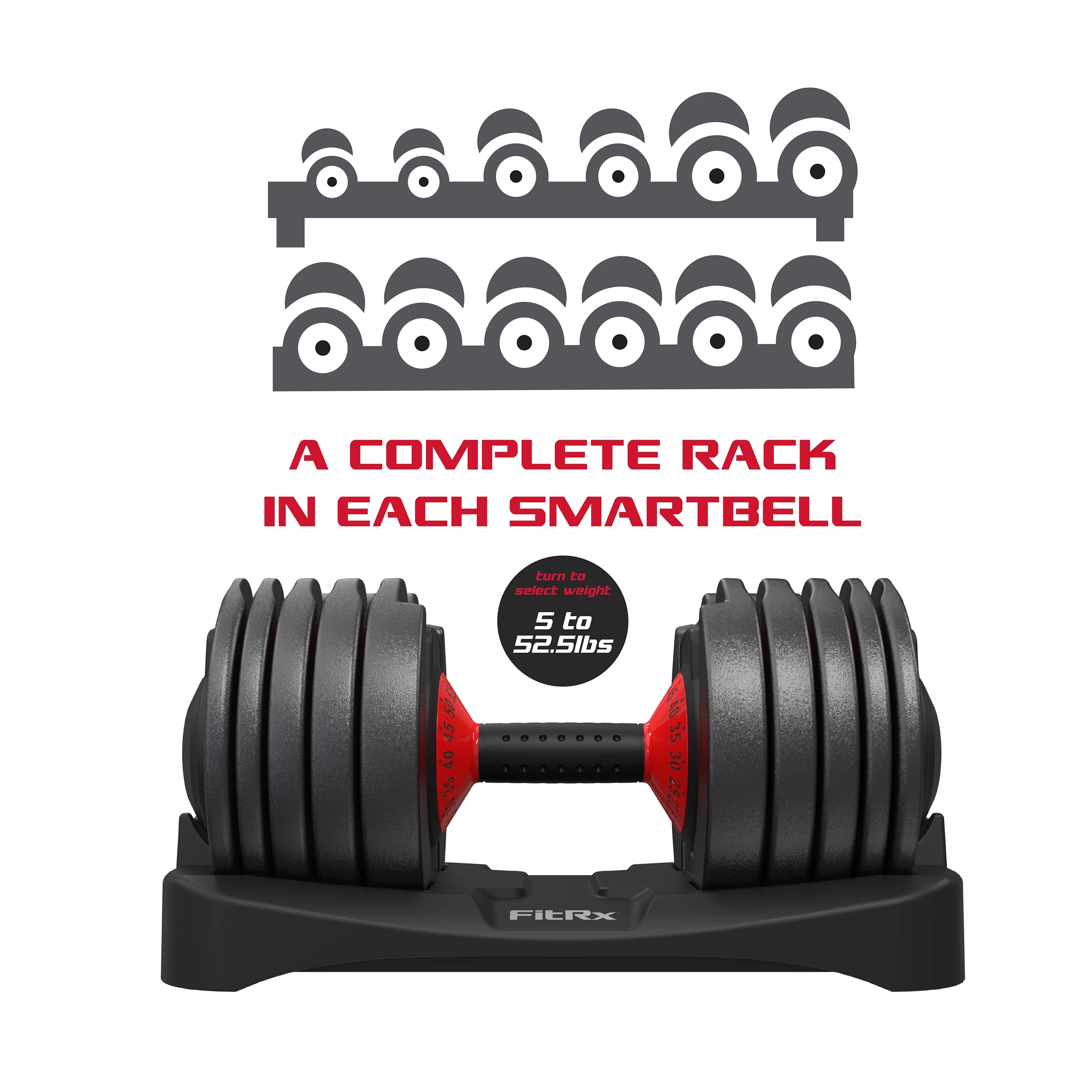 FitRx SmartBell, Quick-Select Adjustable Dumbbell, 5-52.5 lbs. Weight, Black, Single - Womvr