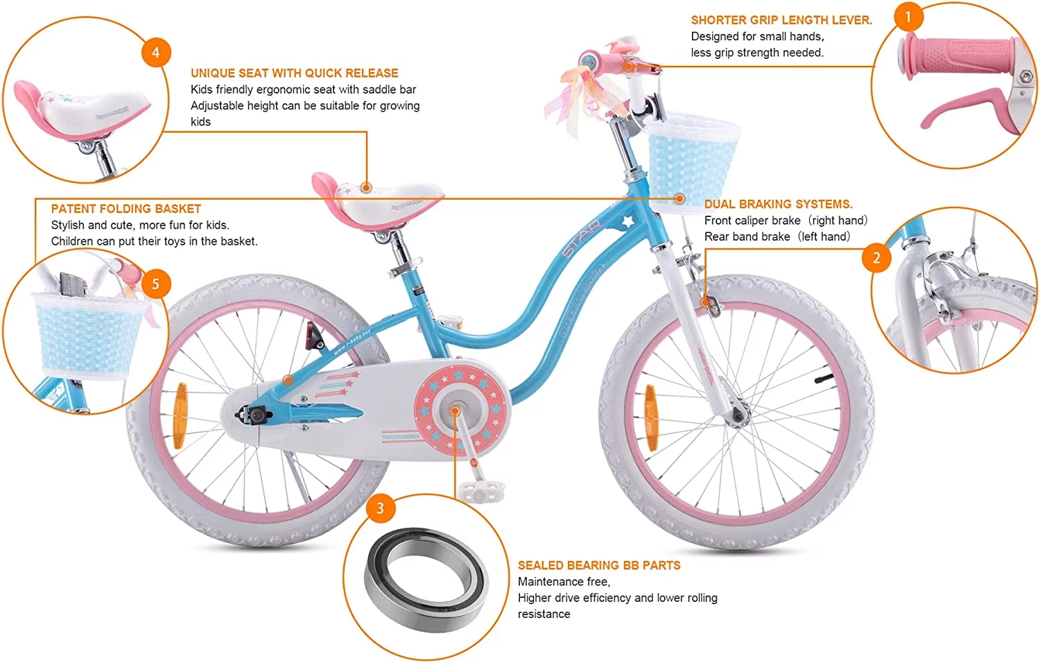 Royalbaby Girls Kids Bike Stargirl 18 In. Bicycle Basket Kickstand Blue Child's Cycle - Womvr
