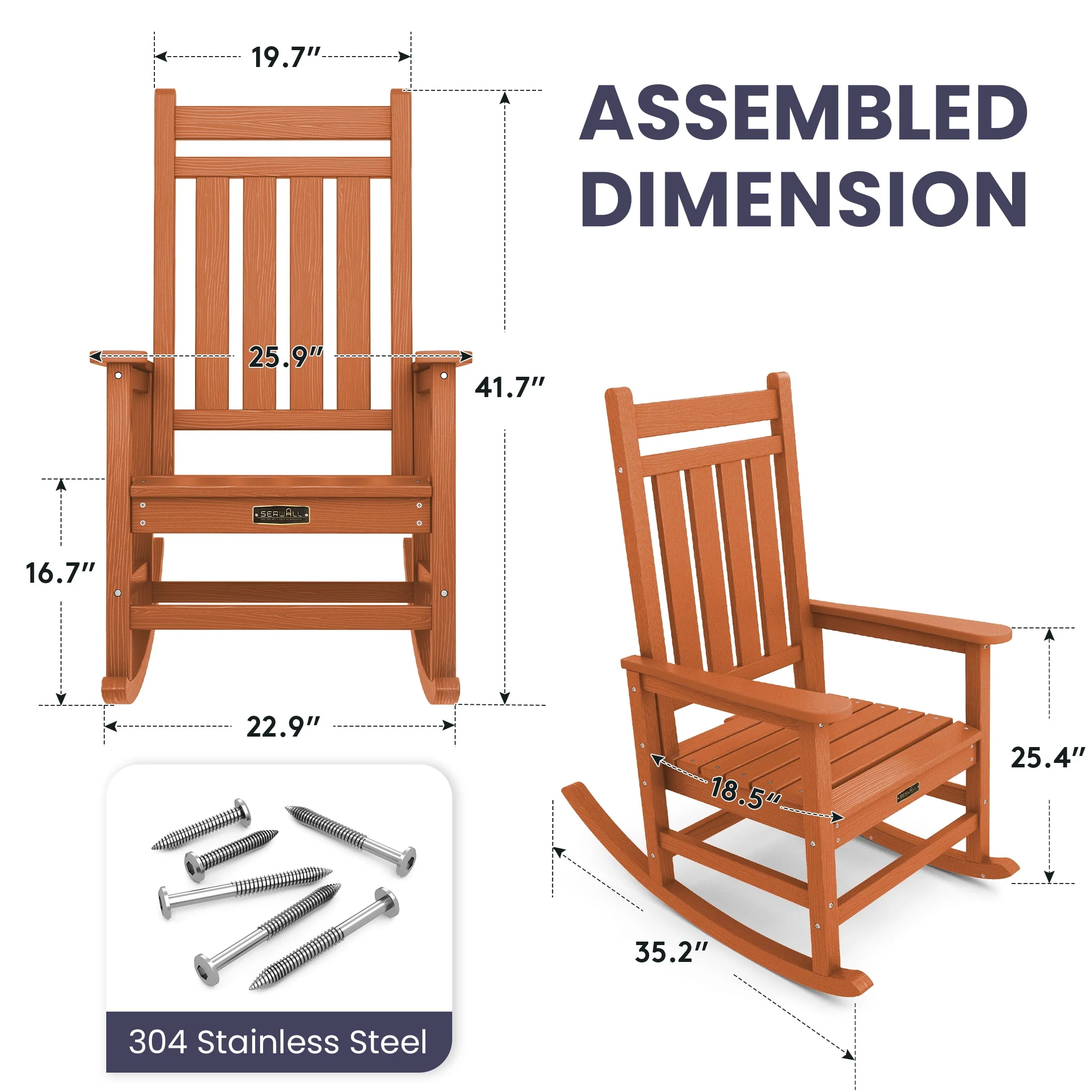 SERWALL Outdoor Oversized Slat Rocking Chair, HDPE Plastic Porch Rocker, Gray - Womvr