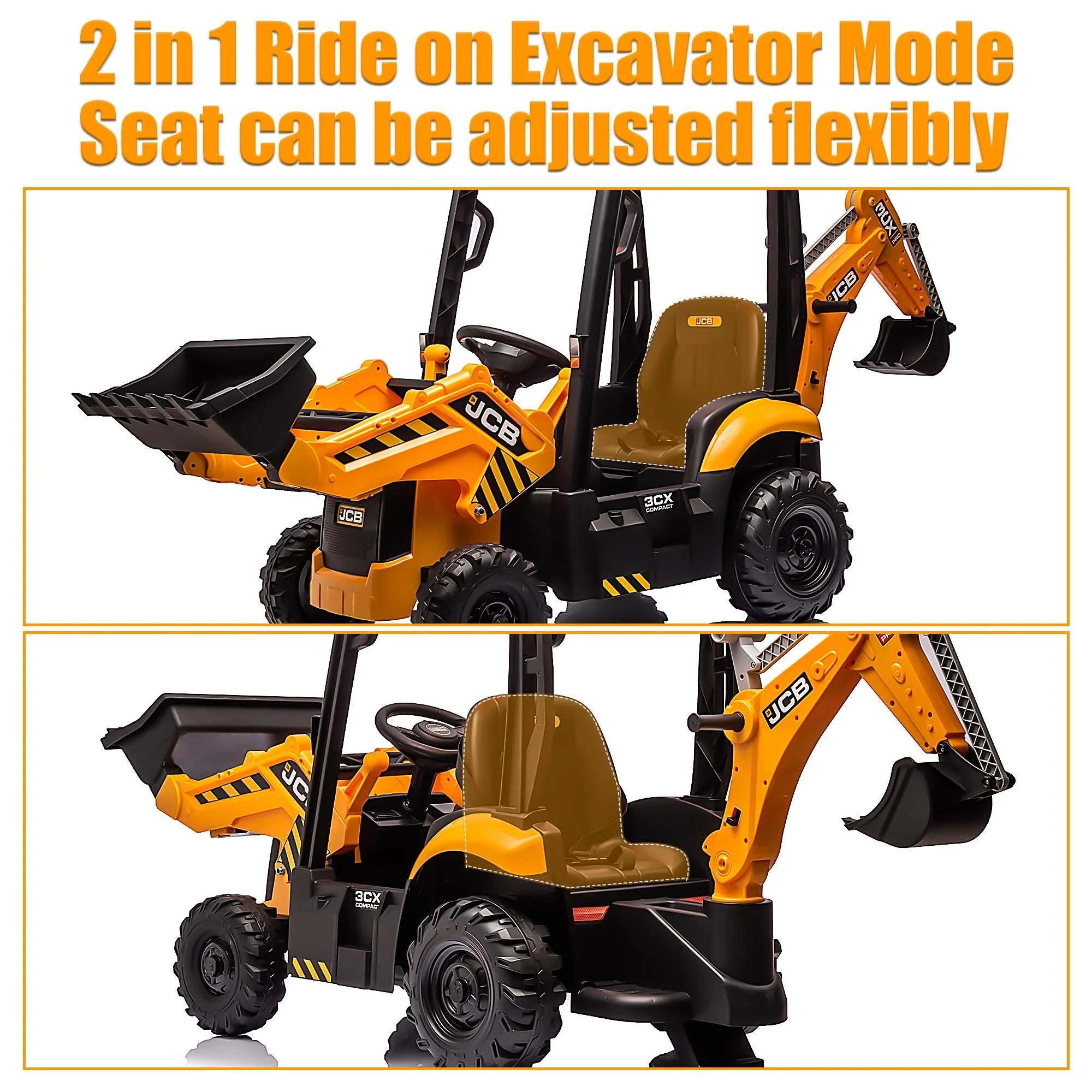 JCB 24V Ride on Excavator with Front&Back Loader 3in1 Kids Ride on Car with Remote Control Electric Construction for 3-6 Years Old Boys and Girls, Backhoe Ride on, Yellow - Womvr