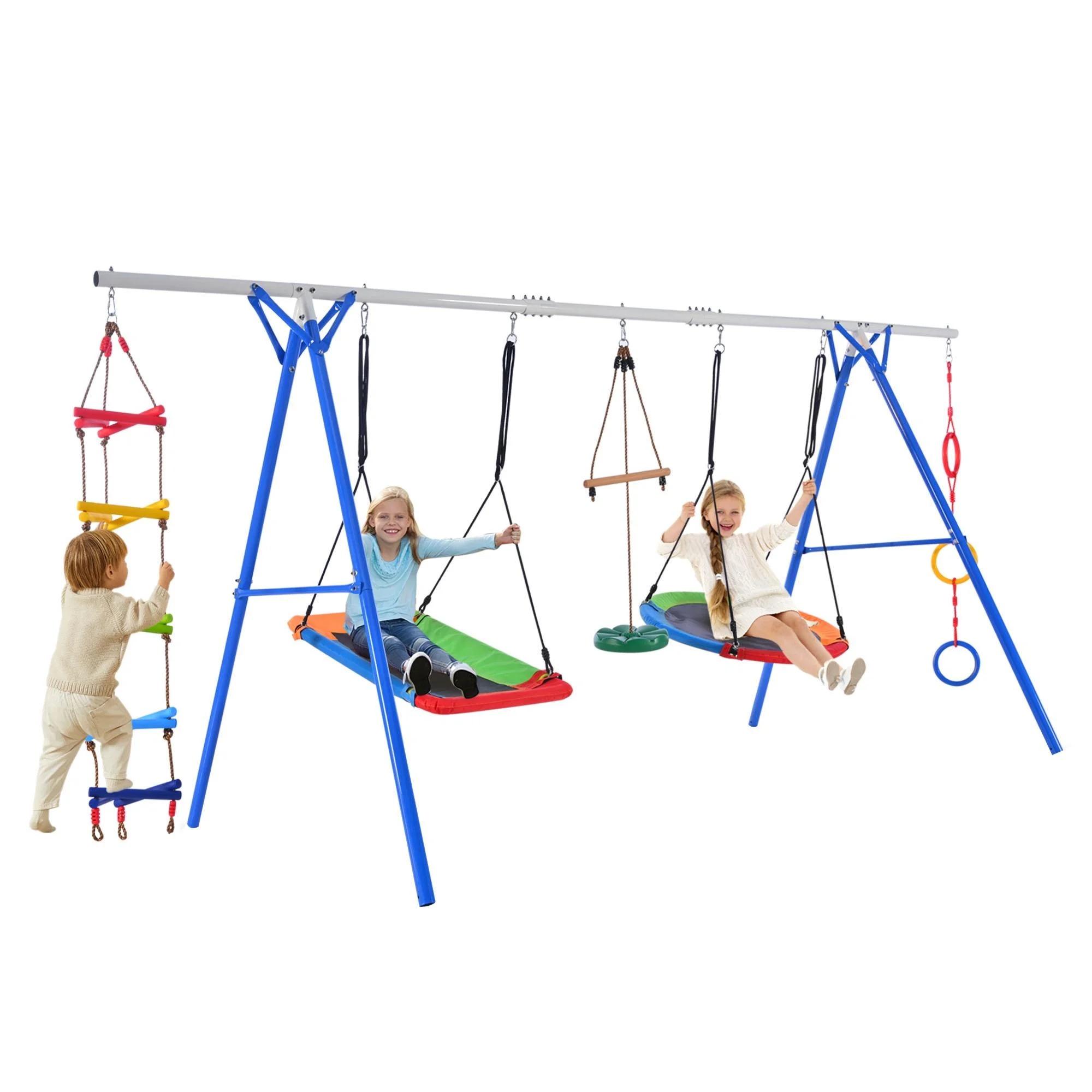 5 in 1 Metal Swing Set for Outside, Kids Backyard Swing Set with Swing Chair, Slide, Glider, Ground Nail, Outdoor Backyard Playground Swing Sets for 3-8 Year, Max Weight 700 lbs - Womvr