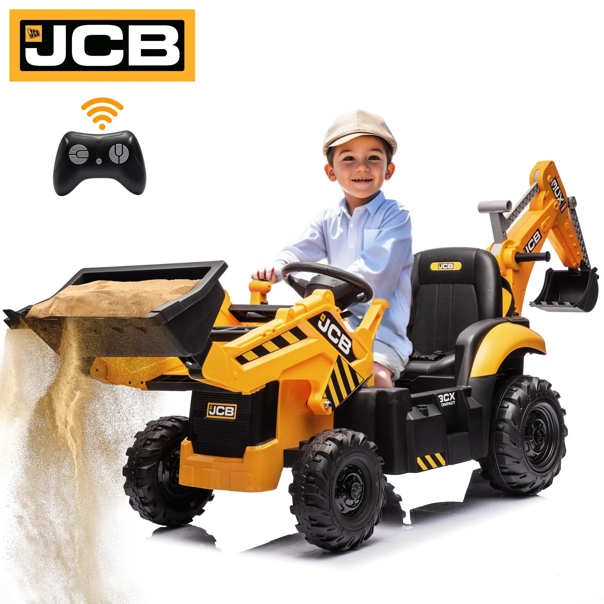JCB 24V Ride on Excavator with Front&Back Loader 3in1 Kids Ride on Car with Remote Control Electric Construction for 3-6 Years Old Boys and Girls, Backhoe Ride on, Yellow - Womvr