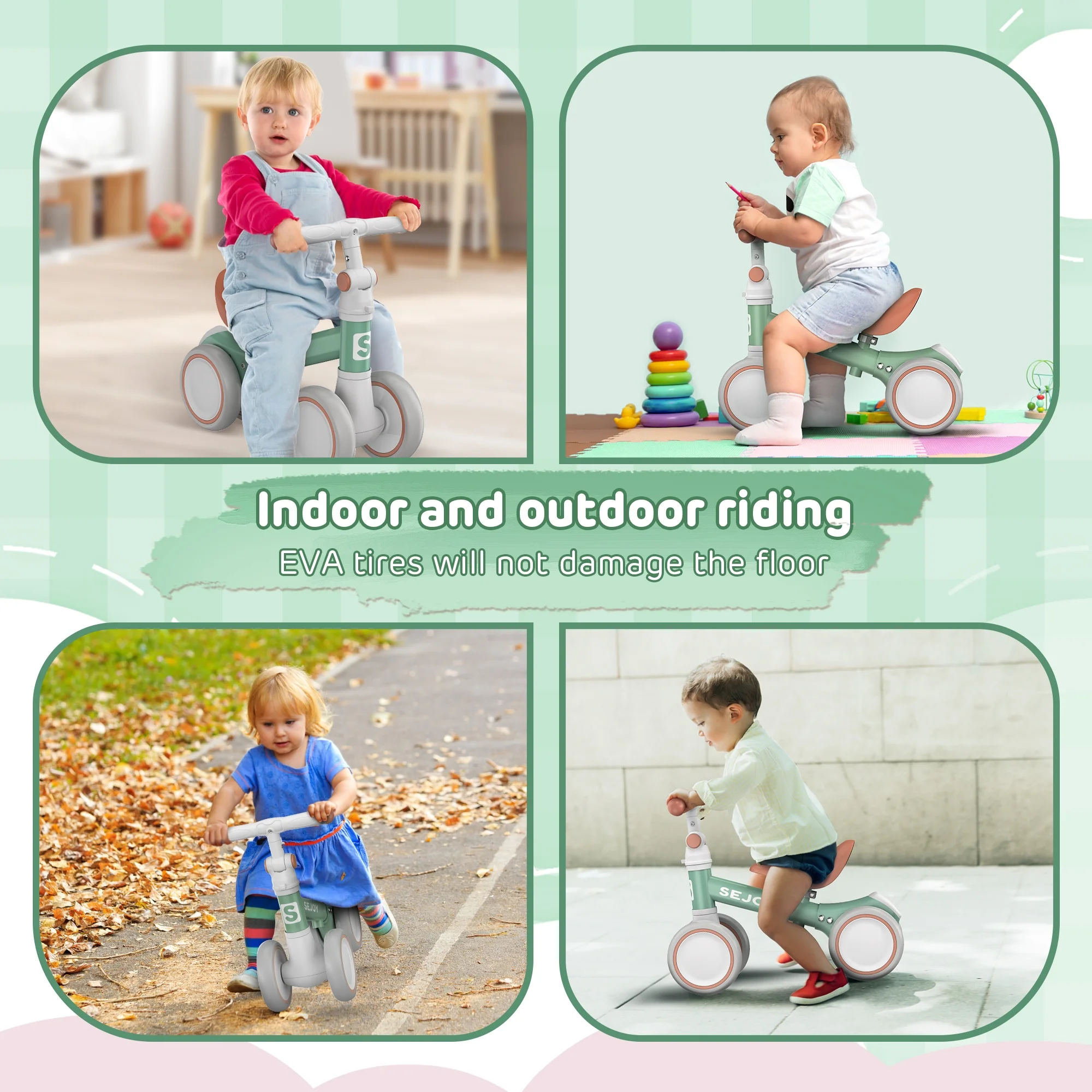 Sejoy Baby Balance Bike, Toddler Baby Bicycle with 4 Wheels for 10-36 Months, Adjustable Handlebar Baby Outdoor Bike Riding Toy, First B-day Gift - Womvr