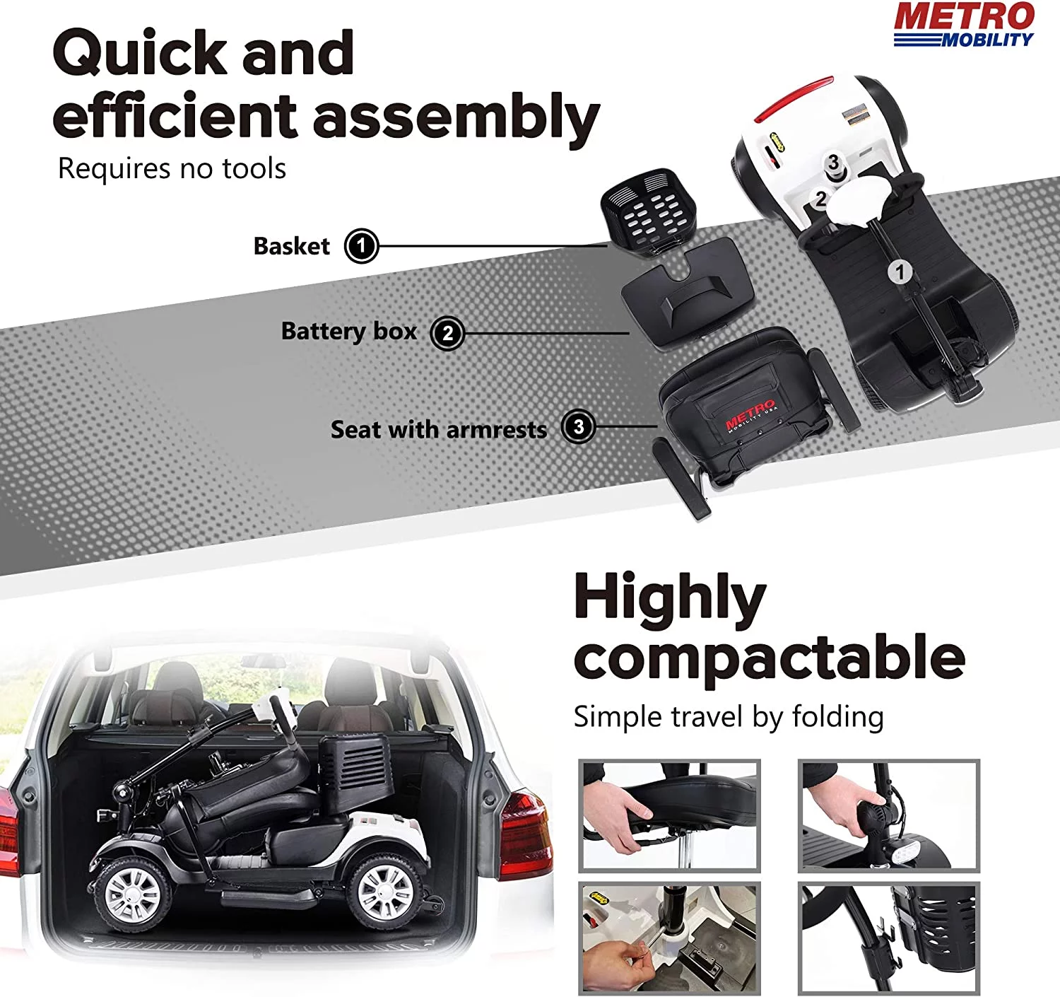 Electric Mobility Scooter for Adults and Seniors - 300 lbs Max Weight, 4-Wheel Powered Mobility Scooters Wheelchair Device for Travel, Elderly (with Head Light-White) - Womvr