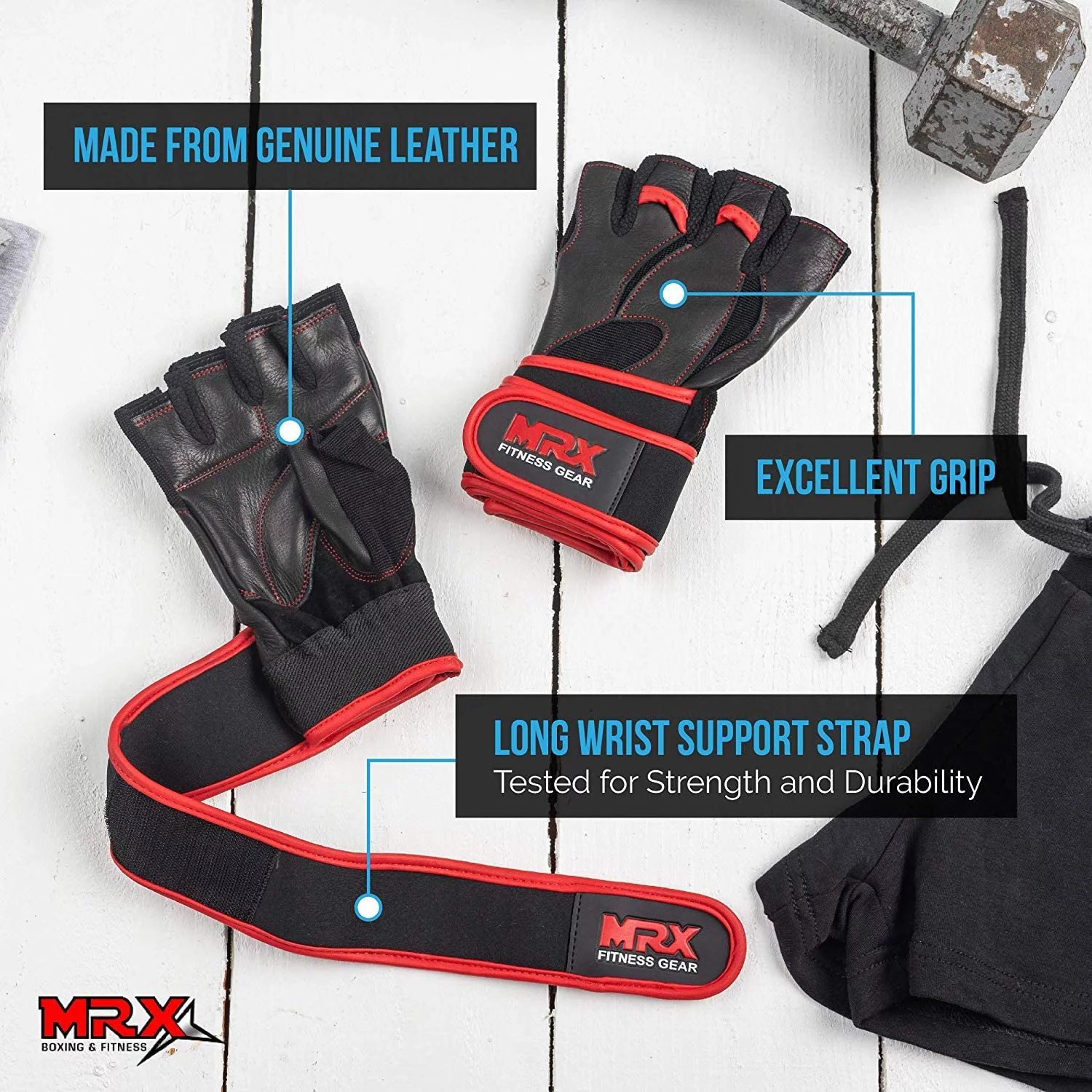 MRX Weight Lifting Gloves Gym Power Training Fitness Bodybuilding Glove Long Wrist Strap Black / Red M - Womvr