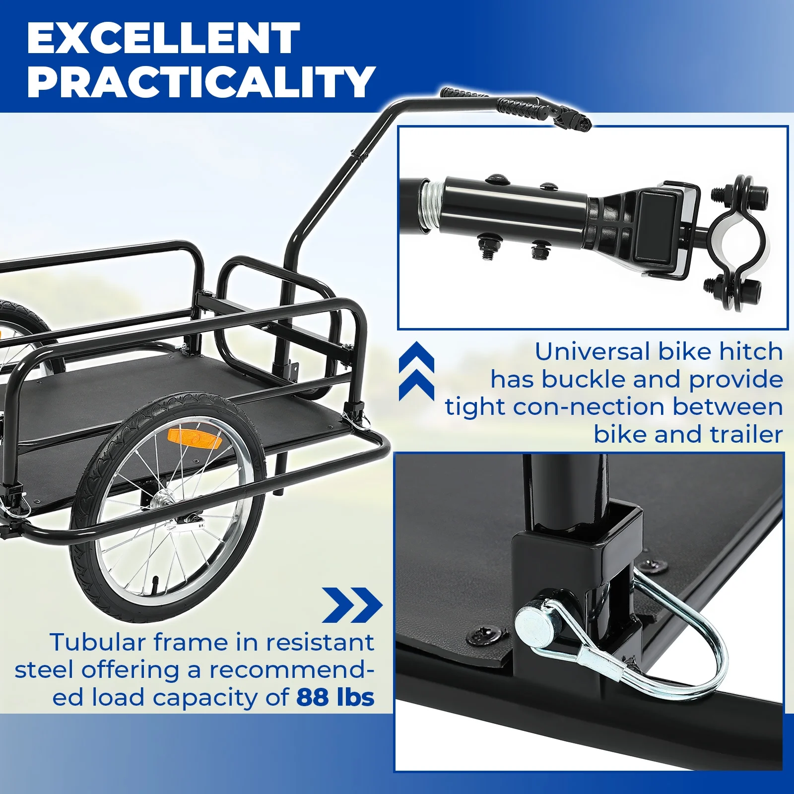 KOJEM Foldable Bike Cargo Trailer Bicycle Cargo Storage Cart 16'' Wheels Luggage Trailer with Hitch Bike Cart - Womvr