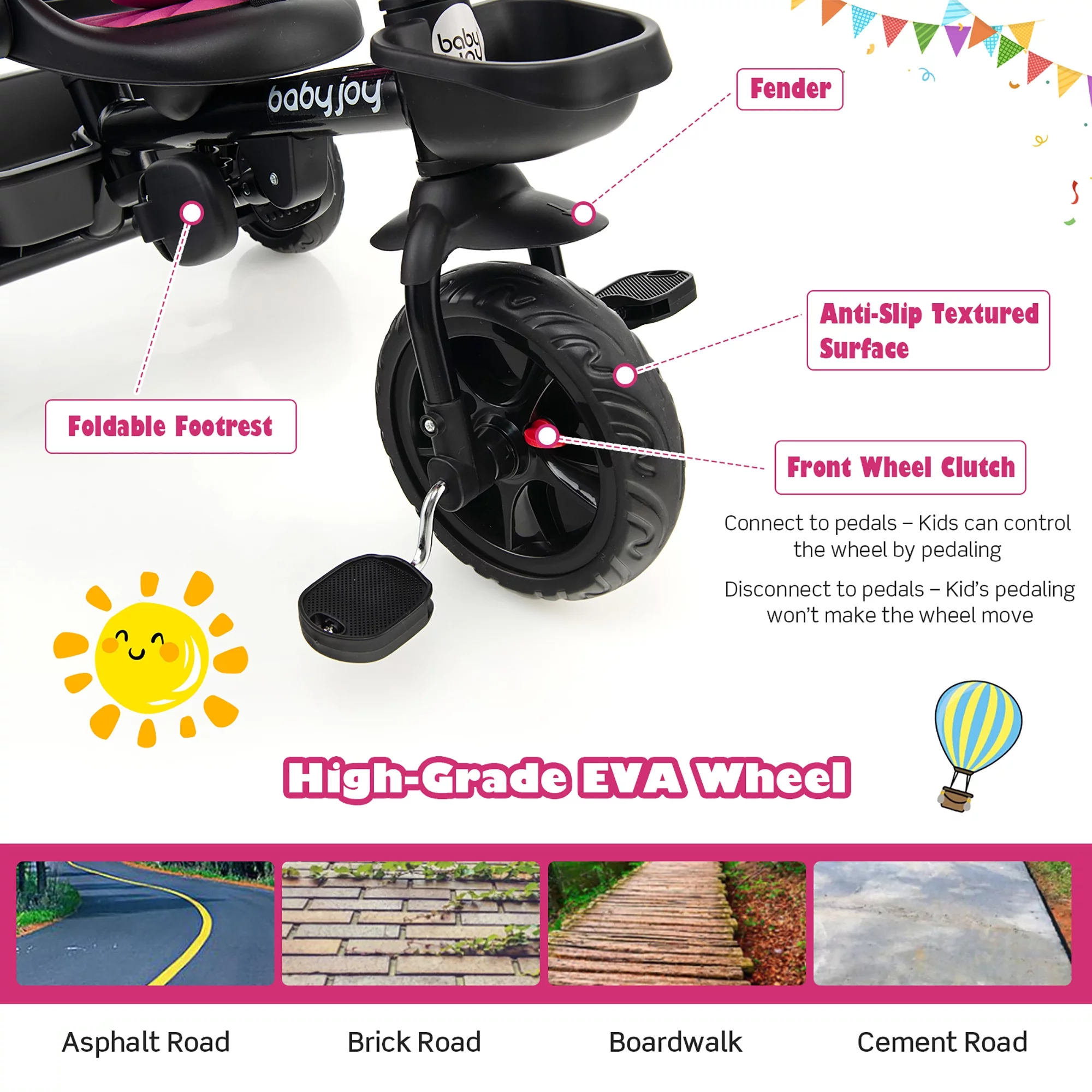Babyjoy 4-in-1 Toddler Tricycle Reversible Baby Trike W/ Height Adjustable Push Handle - Womvr