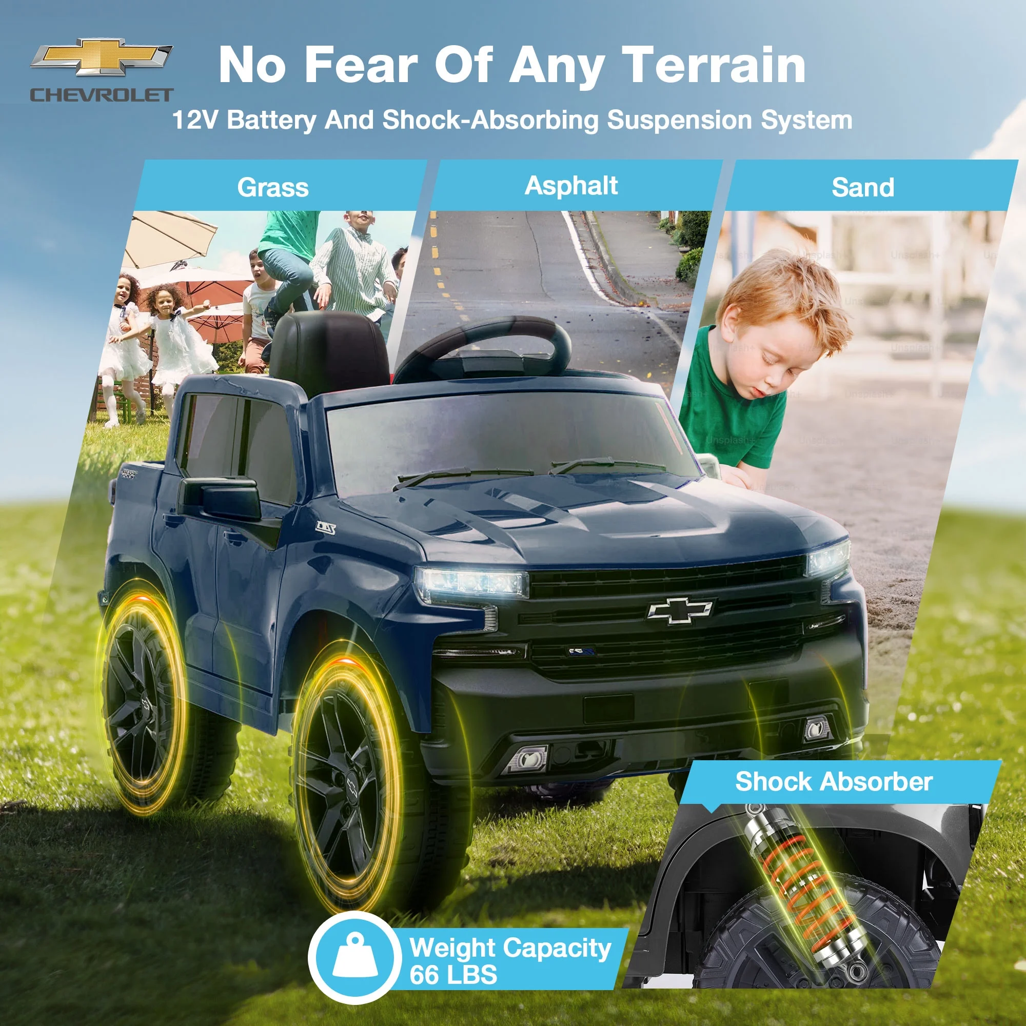 FUNTOK Licensed Chevrolet Silverado 12V Kids Electric Powered Ride on Toy Car with Remote Control & Music Player, Black - Womvr