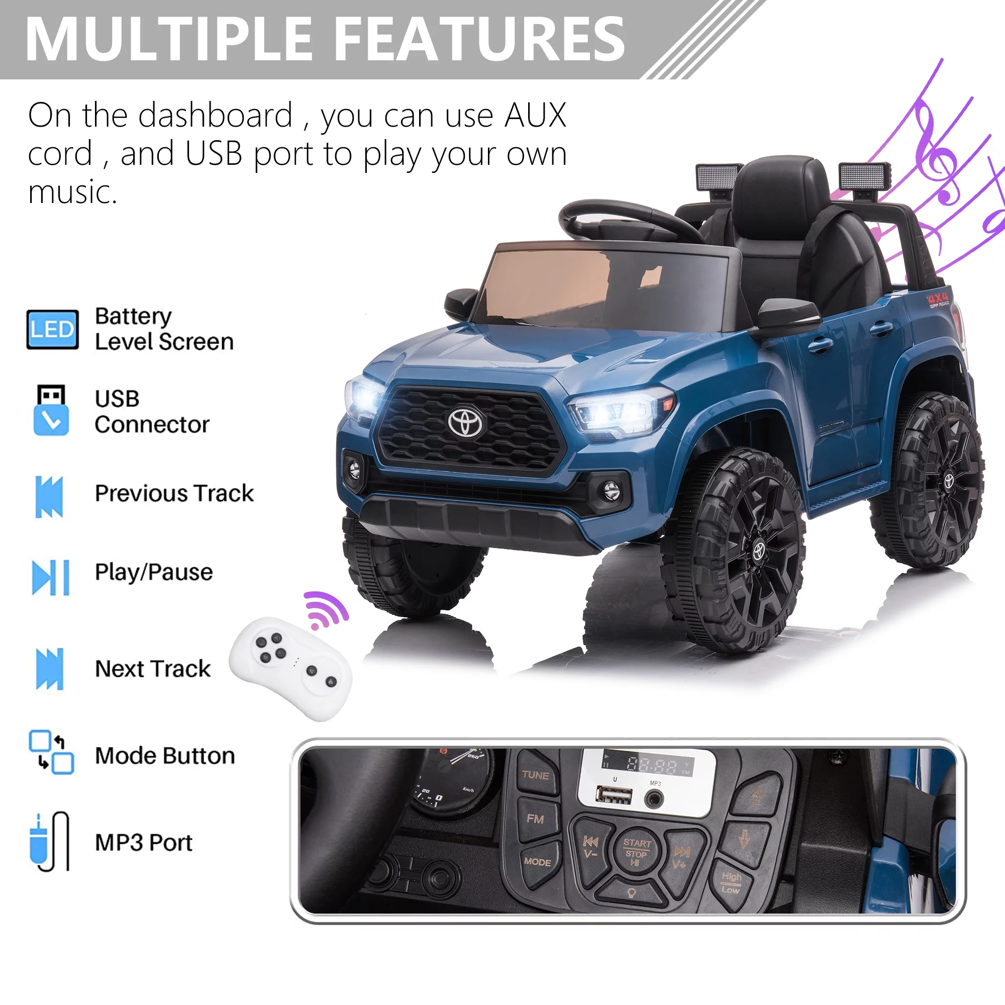 Licensed Toyota Tacoma Electric Ride on Vehicle for Kids, 12V Powered Ride on Car Toys with Remote Control, LED Lights, MP3 Player, Gray - Womvr