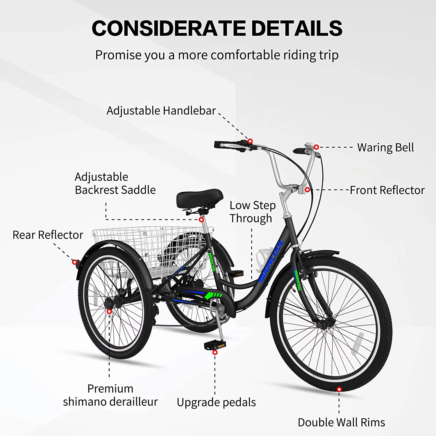 MOONCOOL Adult Tricycles, 3 Wheel 7 Speed Trikes, 20/24/26 inch Adult Trikes 3 Wheeled Bike with Basket for Seniors, Women, Men - Womvr