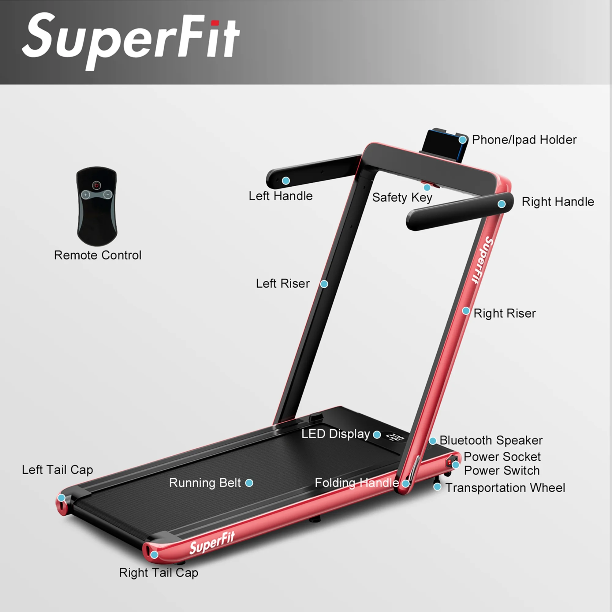 SuperFit Up To 7.5MPH 2.25HP 2 in 1 Single Display Screen Folding Treadmill Remote Control W/ APP Control Speaker Black - Womvr