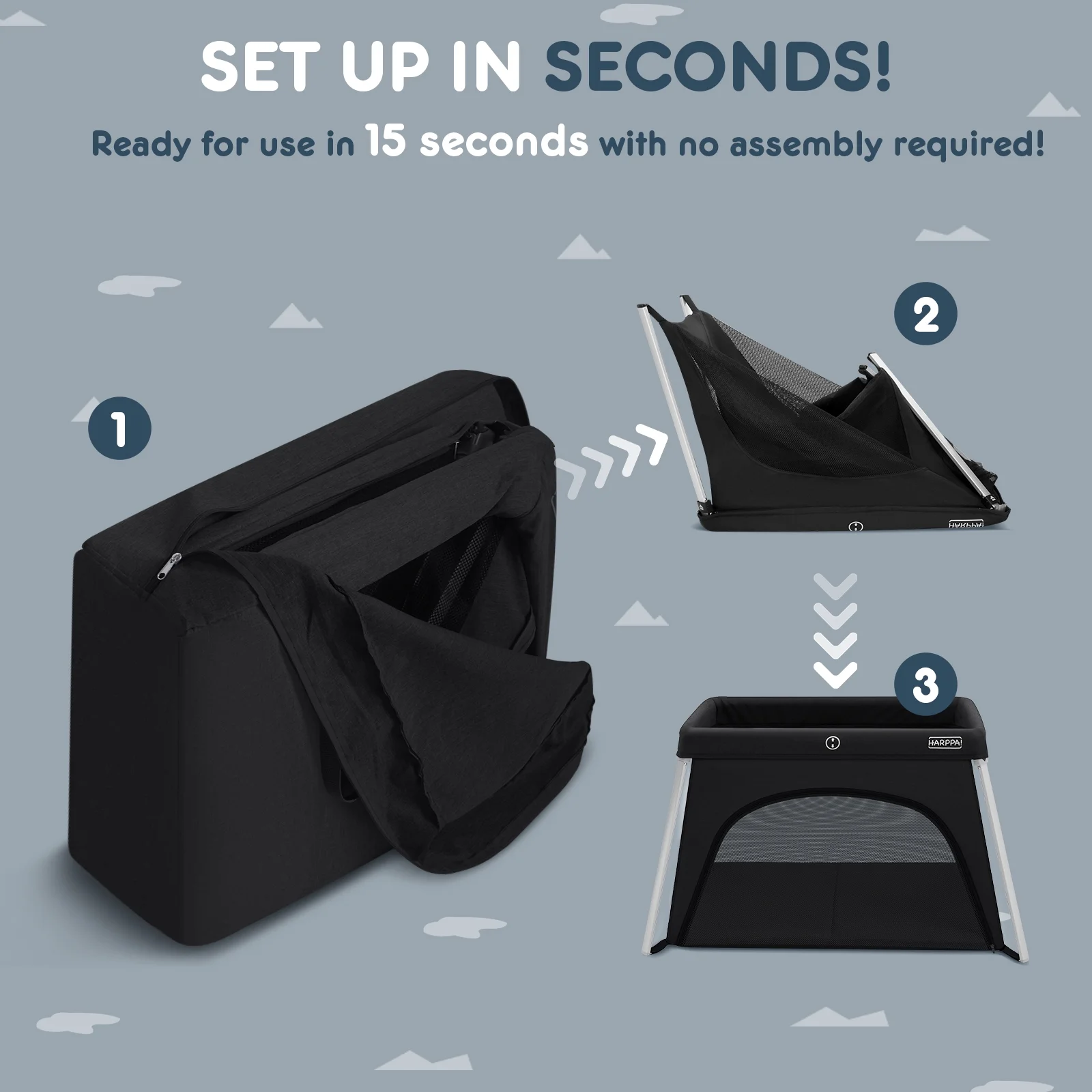 HARPPA Portable Travel Crib for Baby, Foldable Travel Playard with Mattress, Lightweight, Black - Womvr