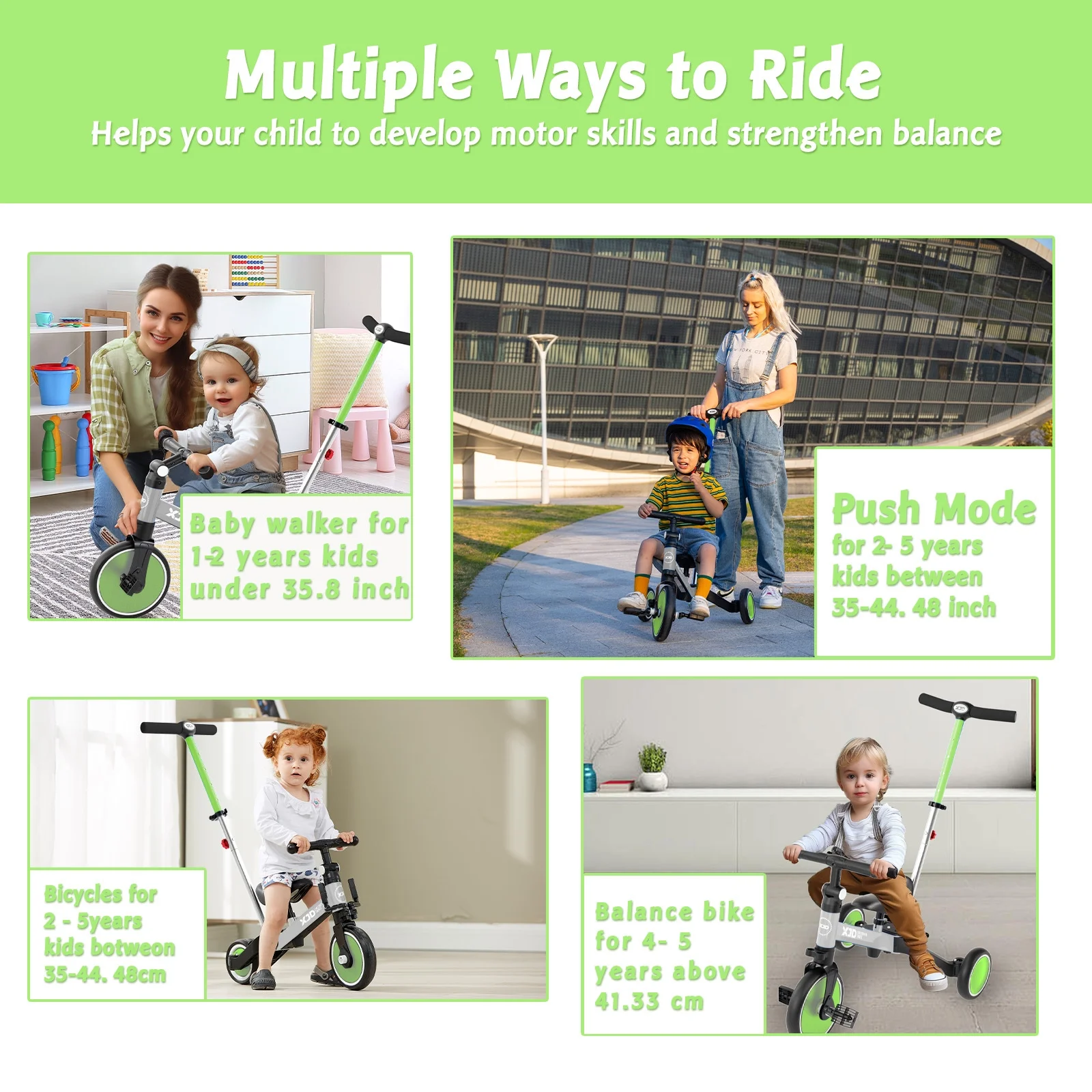 XJD 7 in 1 Toddler Tricycle with Push Handle,Toddler Bike for 1-3 Years Old Boy Girl, Toddler Push Tricycle, Baby Bike Balance Bike with Adjustable Seat Height and Removable Pedal - Womvr