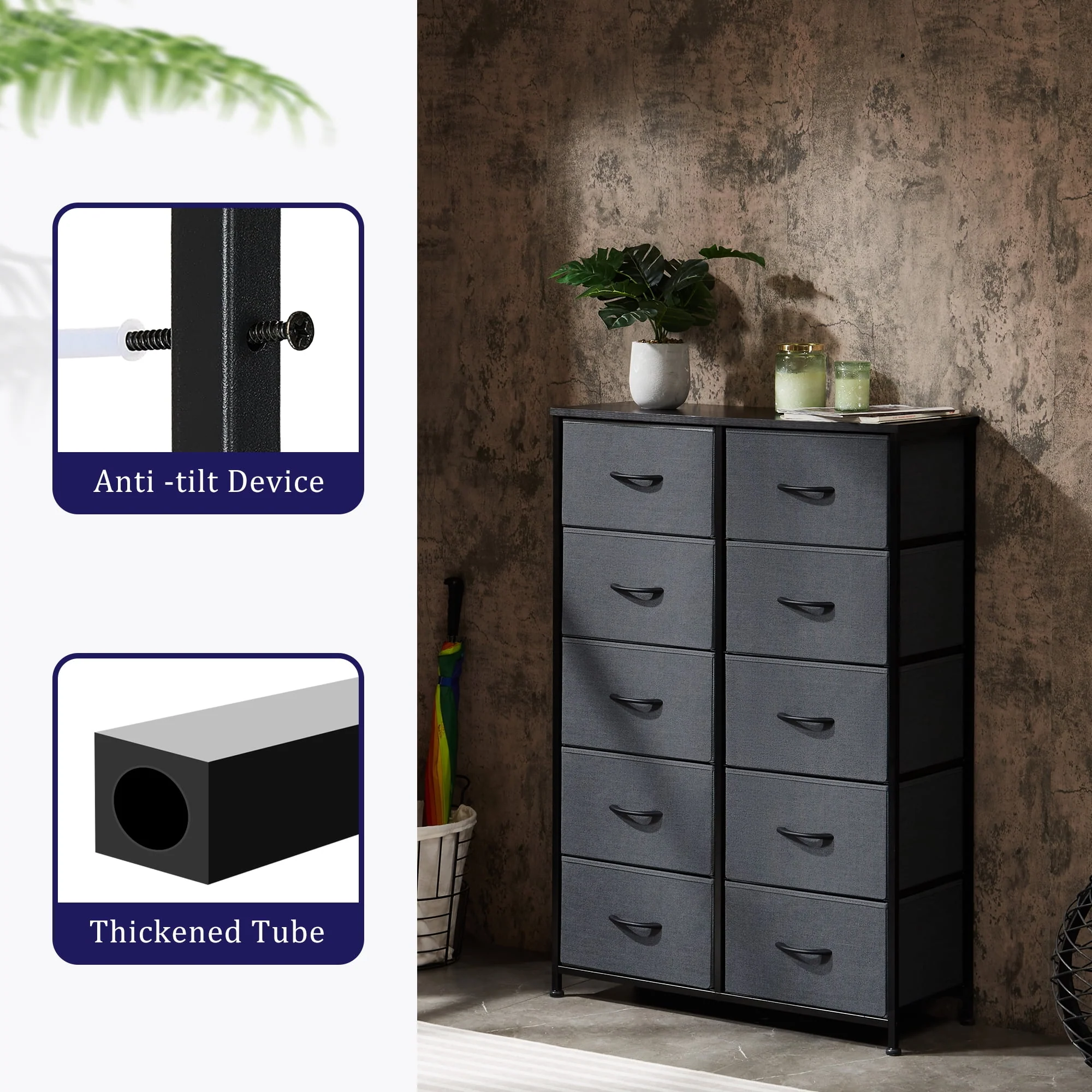 EDX 5 Drawer Dresser, Wide Chest Of Drawers Nightstand Storage Tower Storage Dresser Fabric Dresser With Wood Top for Living Room, Bedroom, Hallway, Nursery, Rustic Brown - Womvr