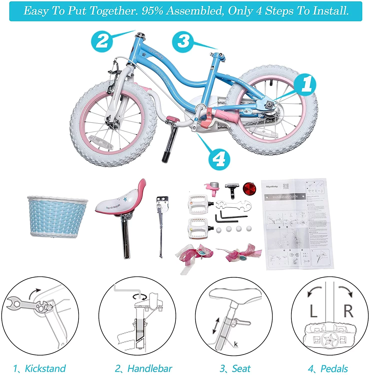 Royalbaby Girls Kids Bike Stargirl 18 In. Bicycle Basket Kickstand Blue Child's Cycle - Womvr