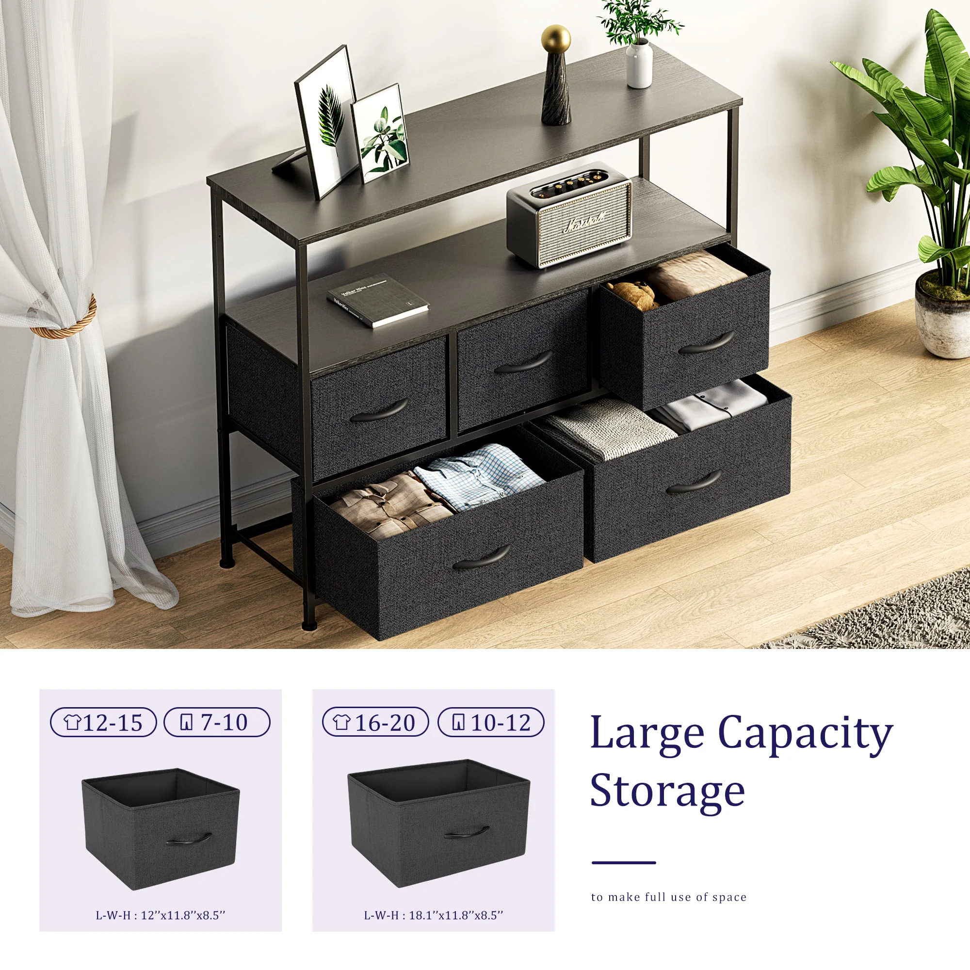 EDX 5 Drawer Dresser, Wide Chest Of Drawers Nightstand Storage Tower Storage Dresser Fabric Dresser With Wood Top for Living Room, Bedroom, Hallway, Nursery, Rustic Brown - Womvr