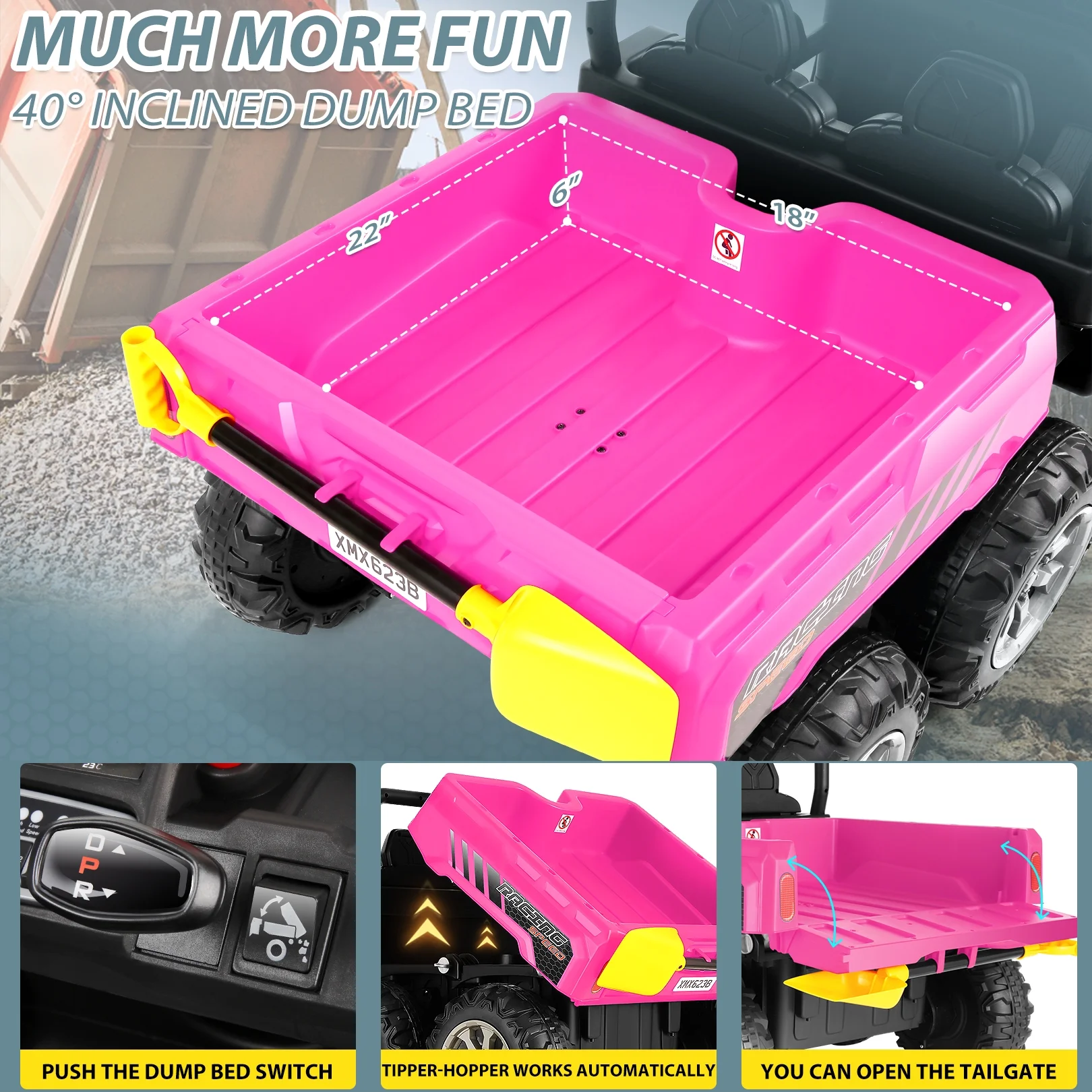 Funcid 24 V 4WD Kids Kids Ride on UTV with Remote Control, 2 Seater 6-Wheel Ride on Dump Truck Car, Ride on Toys w/ Tipping Bucket Trailer & Shovel,Bluetooth Music, Black - Womvr