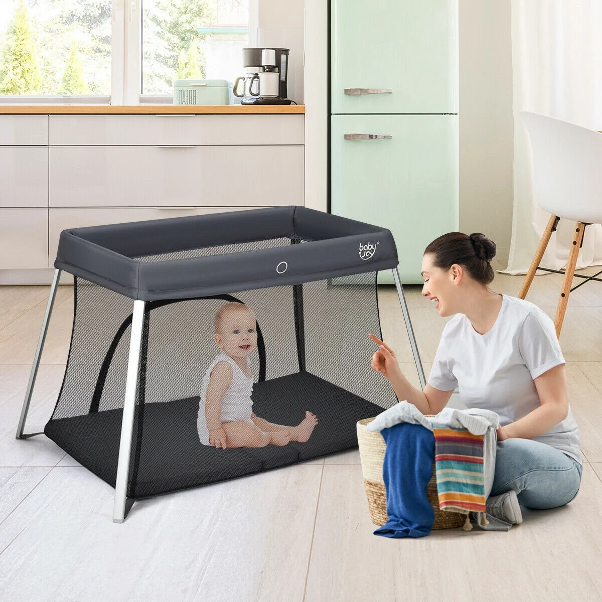 Gymax Foldable Baby Playpen Playard Lightweight Crib w/ Carry Bag For Infant Dark Gray - Womvr