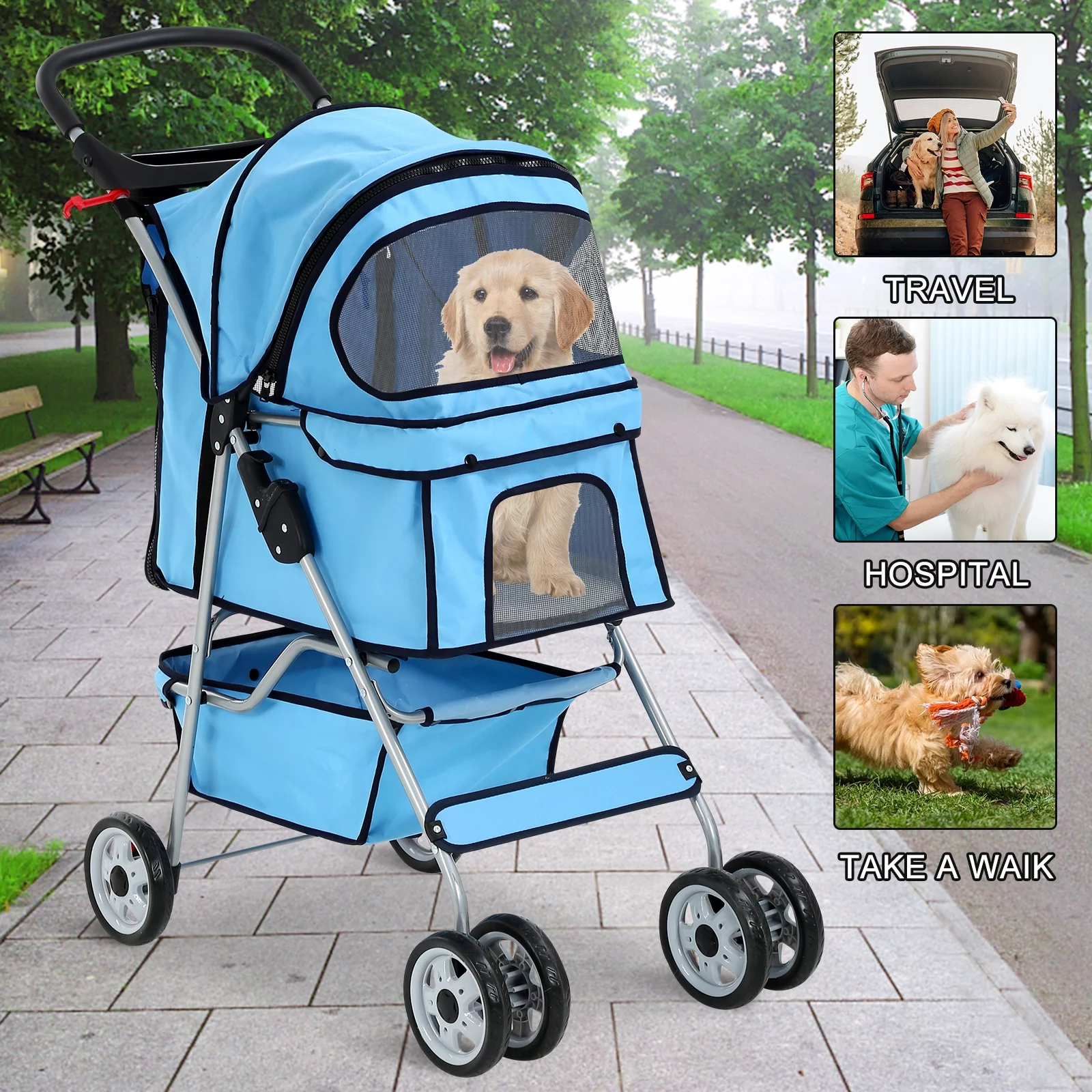 4 Wheels Pet Stroller Foldable Dog Stroller Cat Stroller with Storage Basket & Removable Liner, Travel Lite Foldable Carrier Strolling Cart for Dogs Cats, Black - Womvr