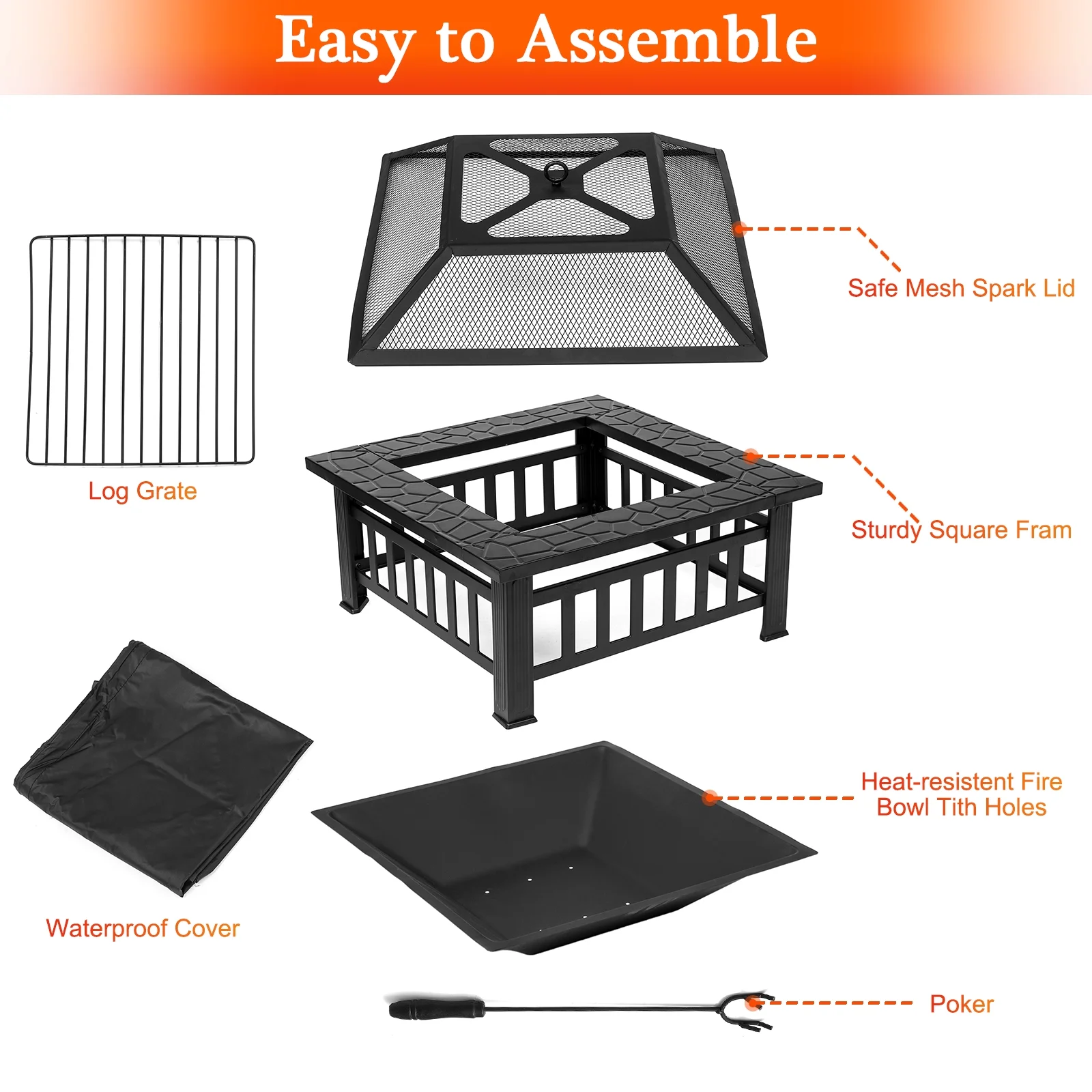 SinglyFire 32 inch Fire Pit for Outsied Wood Burning Fire Pit Table for Outdoor Square Metal Firepit for BBQ with Screen Lid Poker and Cover Backyard Patio Garden Outdoor Fire Pit Ice Pit - Womvr