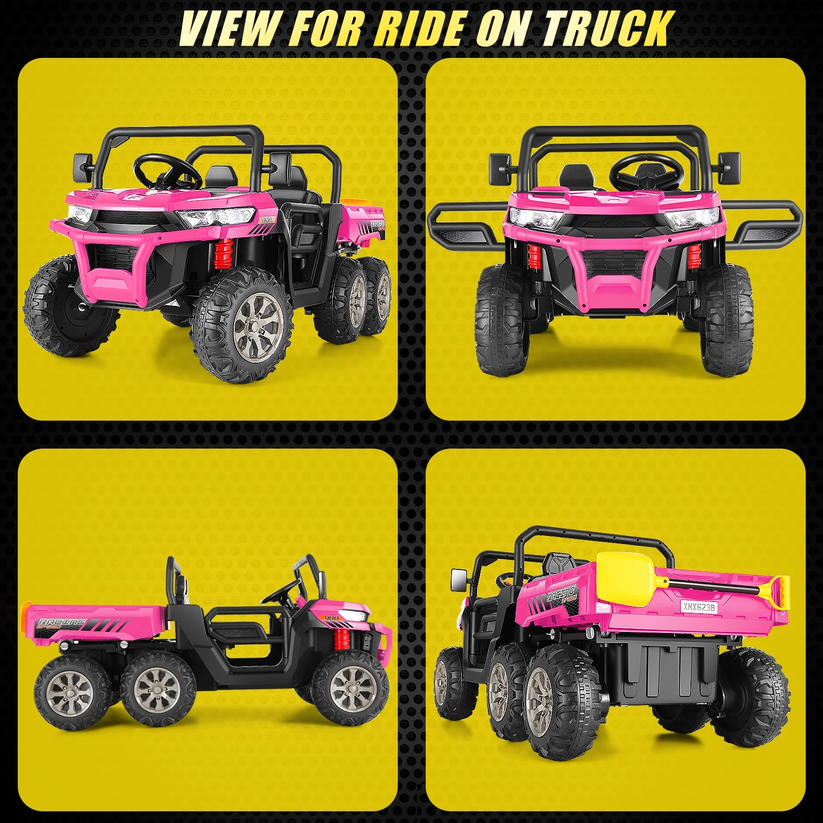 Funcid 24 V 4WD Kids Kids Ride on UTV with Remote Control, 2 Seater 6-Wheel Ride on Dump Truck Car, Ride on Toys w/ Tipping Bucket Trailer & Shovel,Bluetooth Music, Black - Womvr