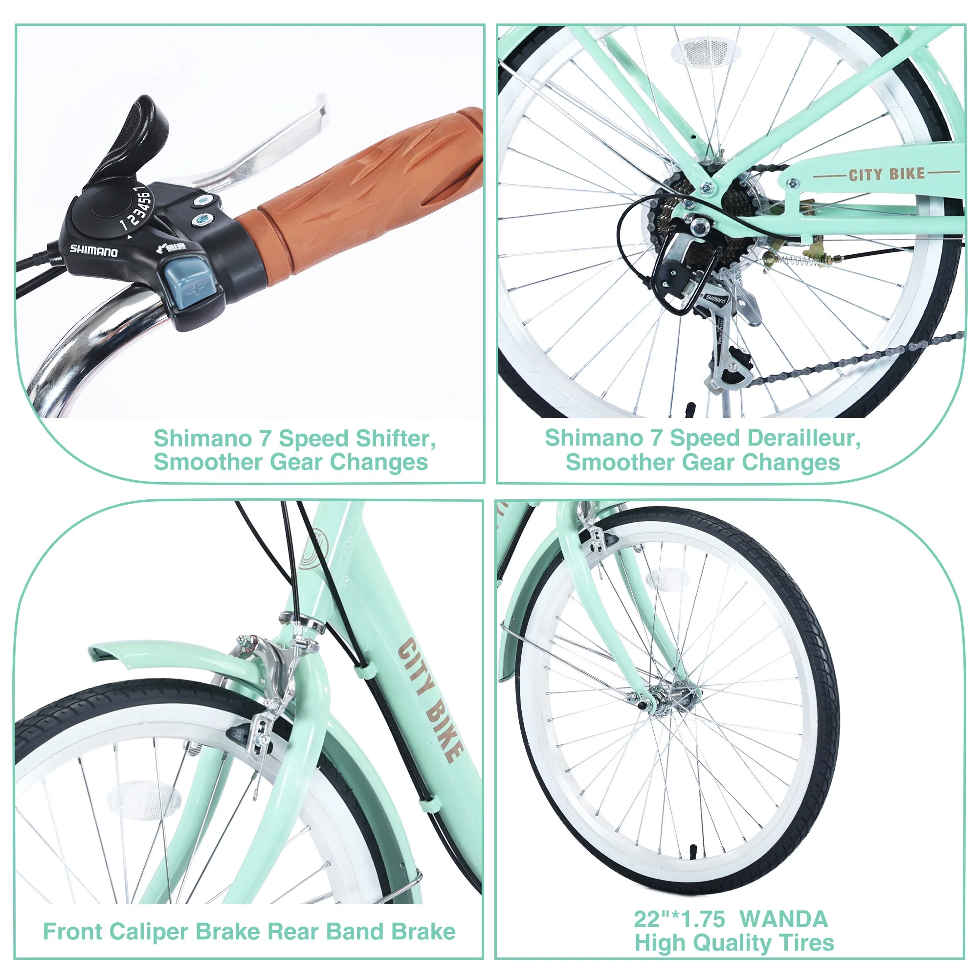 Girls Cruiser Bike for Kids 8+ Years Old, City Bike with 22 inch Shimano, 7 speed, Leather Saddle, Front&Rear Caliper Brake, Commuter Bicycle Pink - Womvr