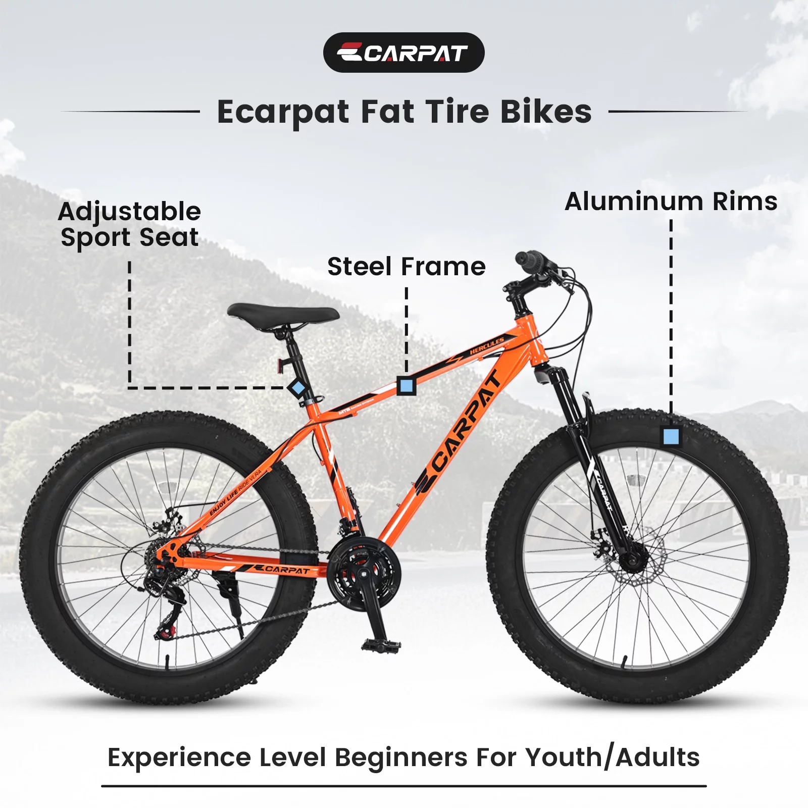 CIYOYO 24 inch Fat Tire Mountain Bike, Shimano 7 Speeds Bike for Adult, Dual Disc Brake,Orange - Womvr