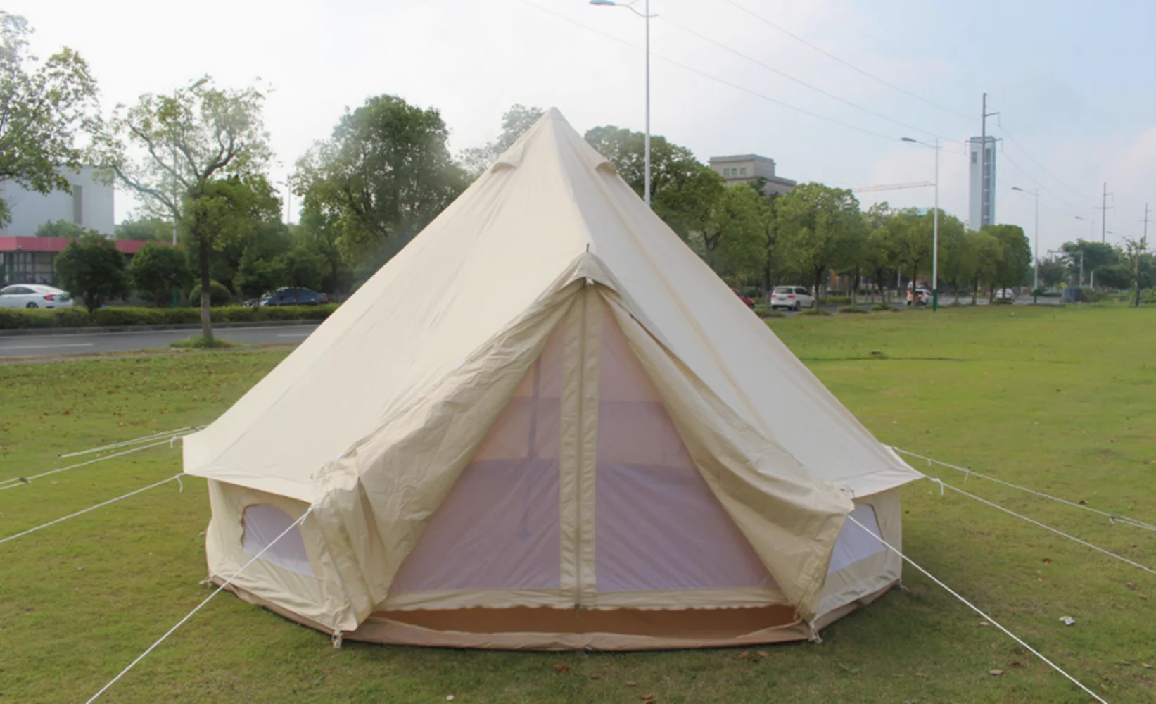 Teepee Tent Outdoor Waterproof 4-Season Family Camping Cotton Canvas Yurt Tent 4M/13.1ft Bell Tent With Stove Hole (Side Wall), For Family Glamping - Womvr