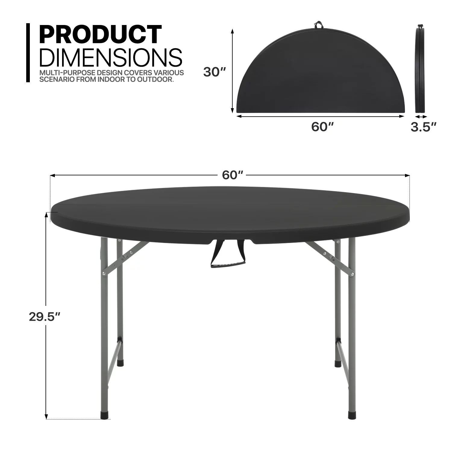 MoNiBloom 5 foot Round Bi-Fold Plastic Table, Metal Frame Indoor Outdoor 60 Inch Foldable Desk for Kitchen Party Wedding, Grey - Womvr