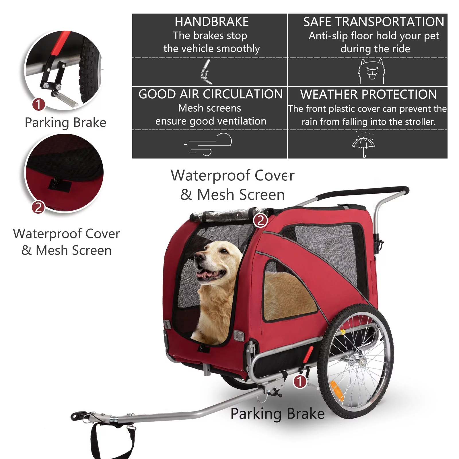 MOJAY 3-in-1 Dog Bicycle Trailer, Dog Stroller, and Dog Jogging Stroller, Red - Womvr