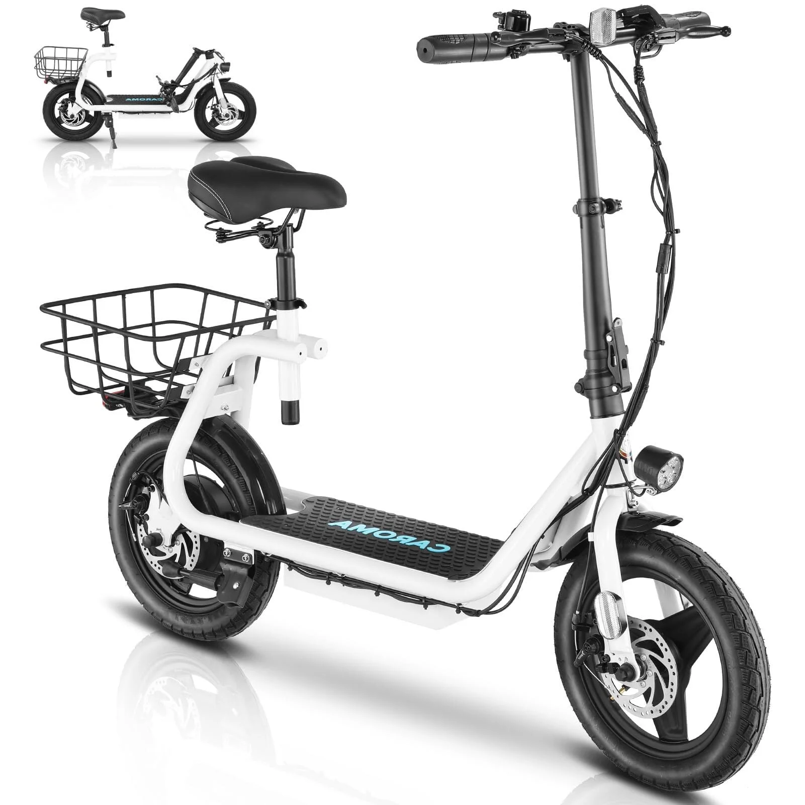 Caroma 500W Electric Scooter with Seat for Adult, 14 inch Commuter Electric Scooter with Dual Shock Absorbers and Basket - Up to 25 Miles 20 MPH, Silver - Womvr