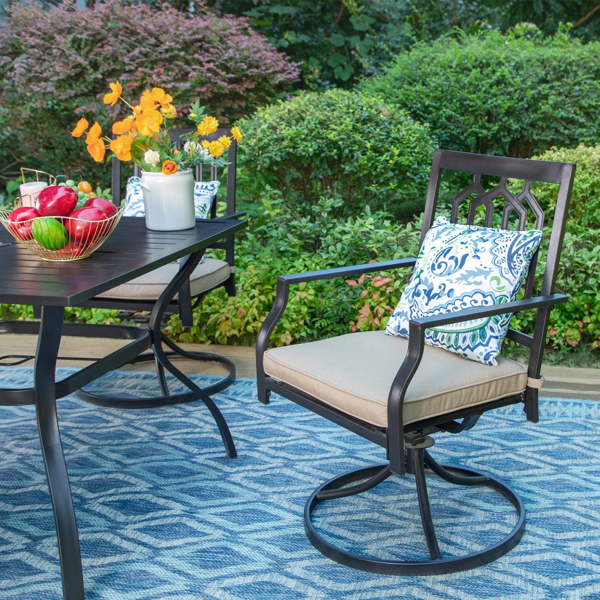 MF Studio 5-Piece Outdoor Patio Dining Set, Swivel Cushioned Chairs with Steel Frame for 4-Person, Black&Beige - Womvr