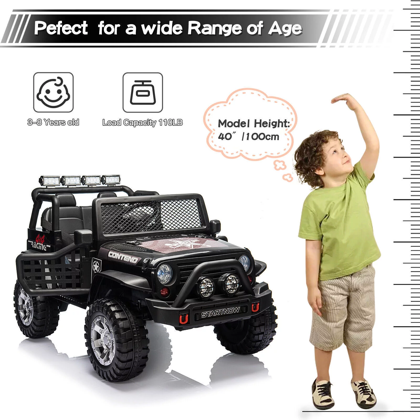 Dazone 12V Kids Ride on Jeep Car, Electric 2 Seats Off-road Jeep Ride on Truck Vehicle with Remote Control, LED Lights, MP3 Music, Black - Womvr