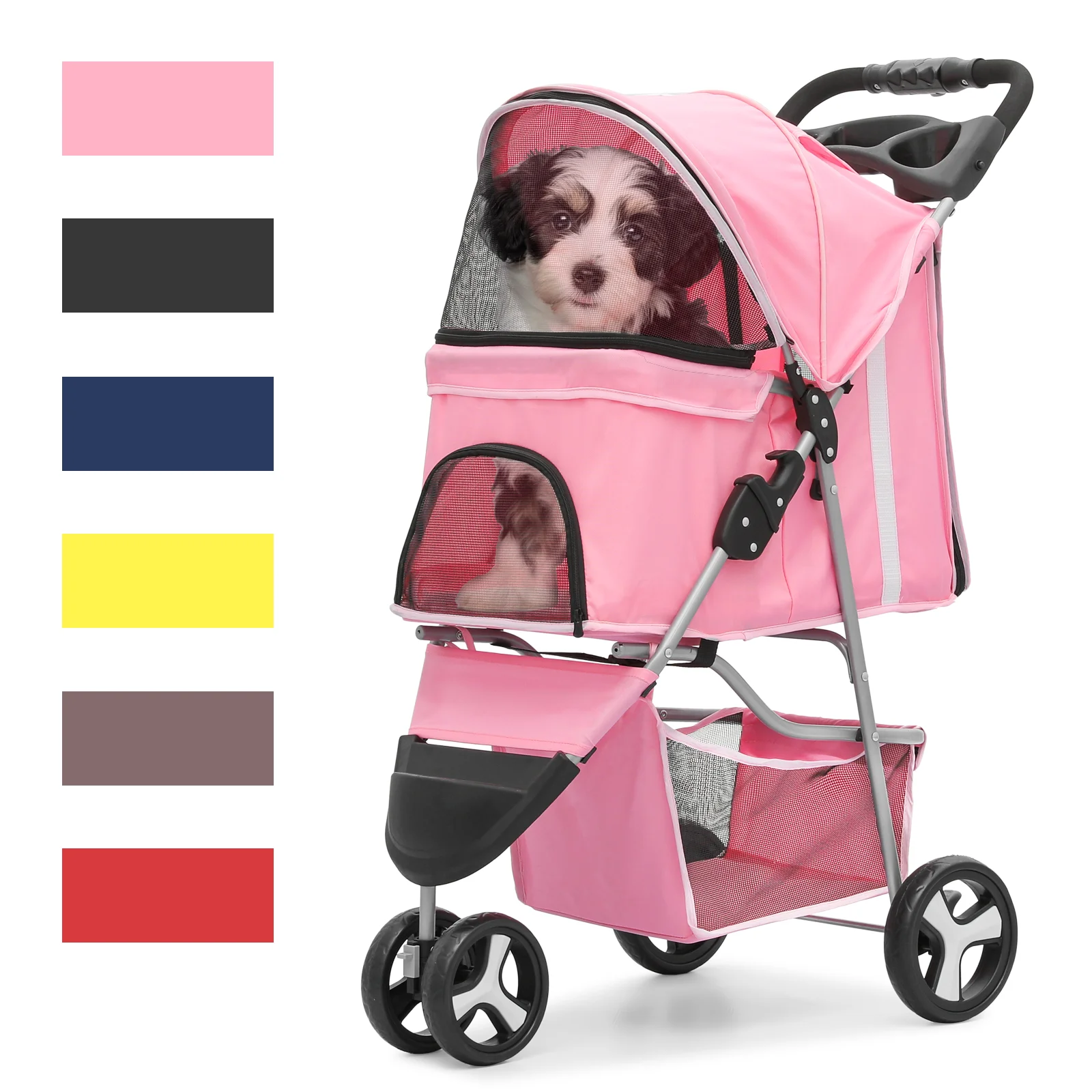 Magshion Foldable Pet Dog Stroller with Wheels, Cat Dog Stroller with Storage Basket and Cup Holder for Small and Medium Cats, Dogs, Puppy, Navy Blue - Womvr