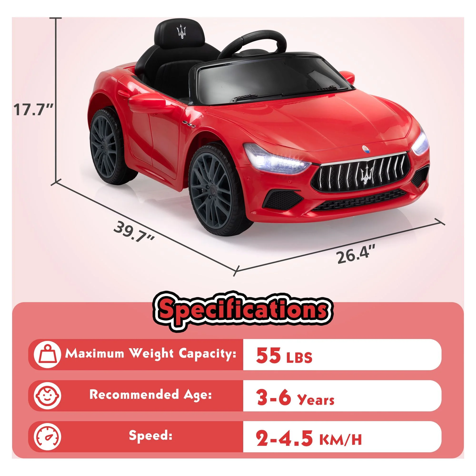 12V Maserati Licensed Kids Ride on Car Battery Powered Toy Car W/ Remote Control LED MP3 USB, Pink - Womvr