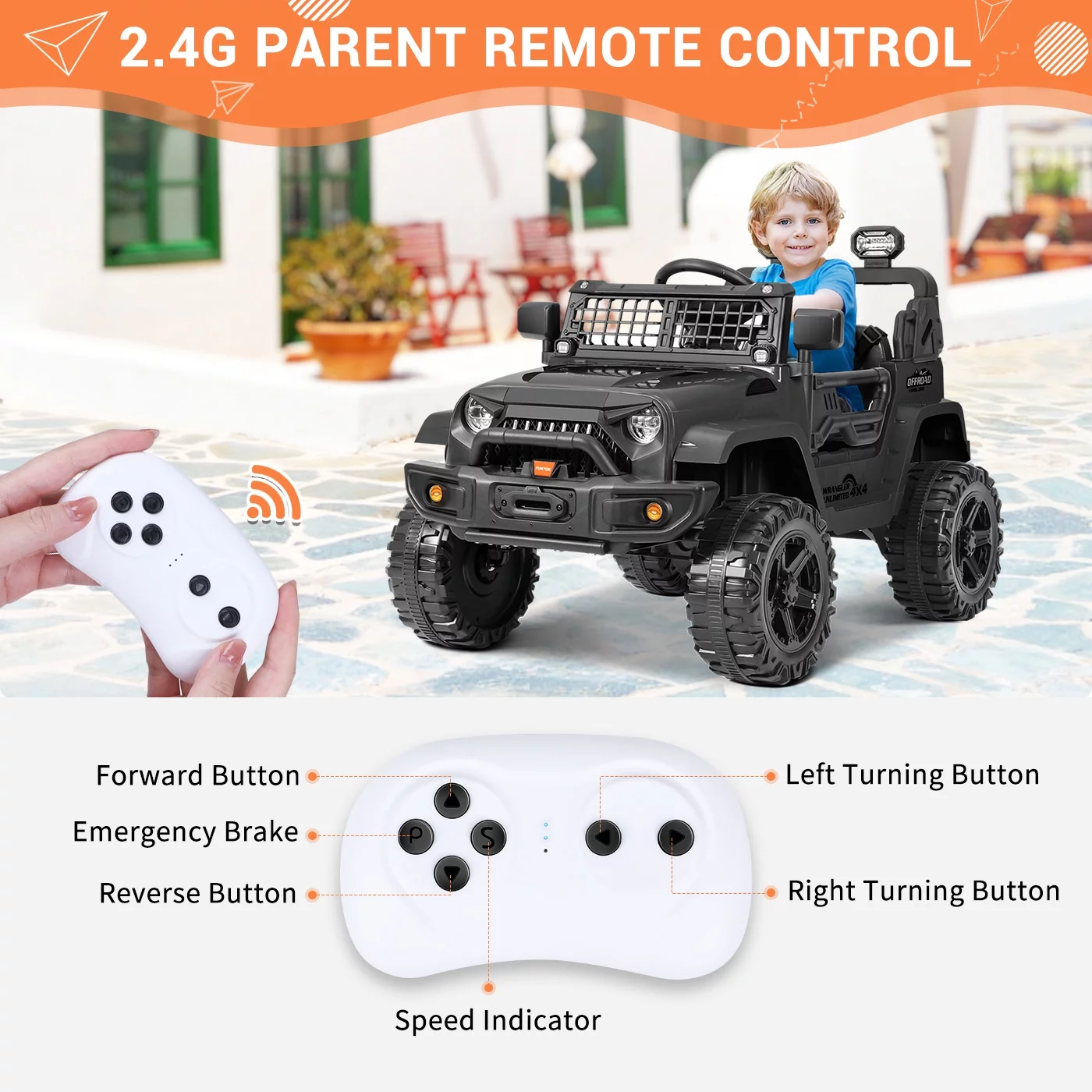 FUNTOK Kids 12V Electric Ride on Toy Car with Remote Control, Spring Suspension, DIY Stickers and Music Player - Womvr
